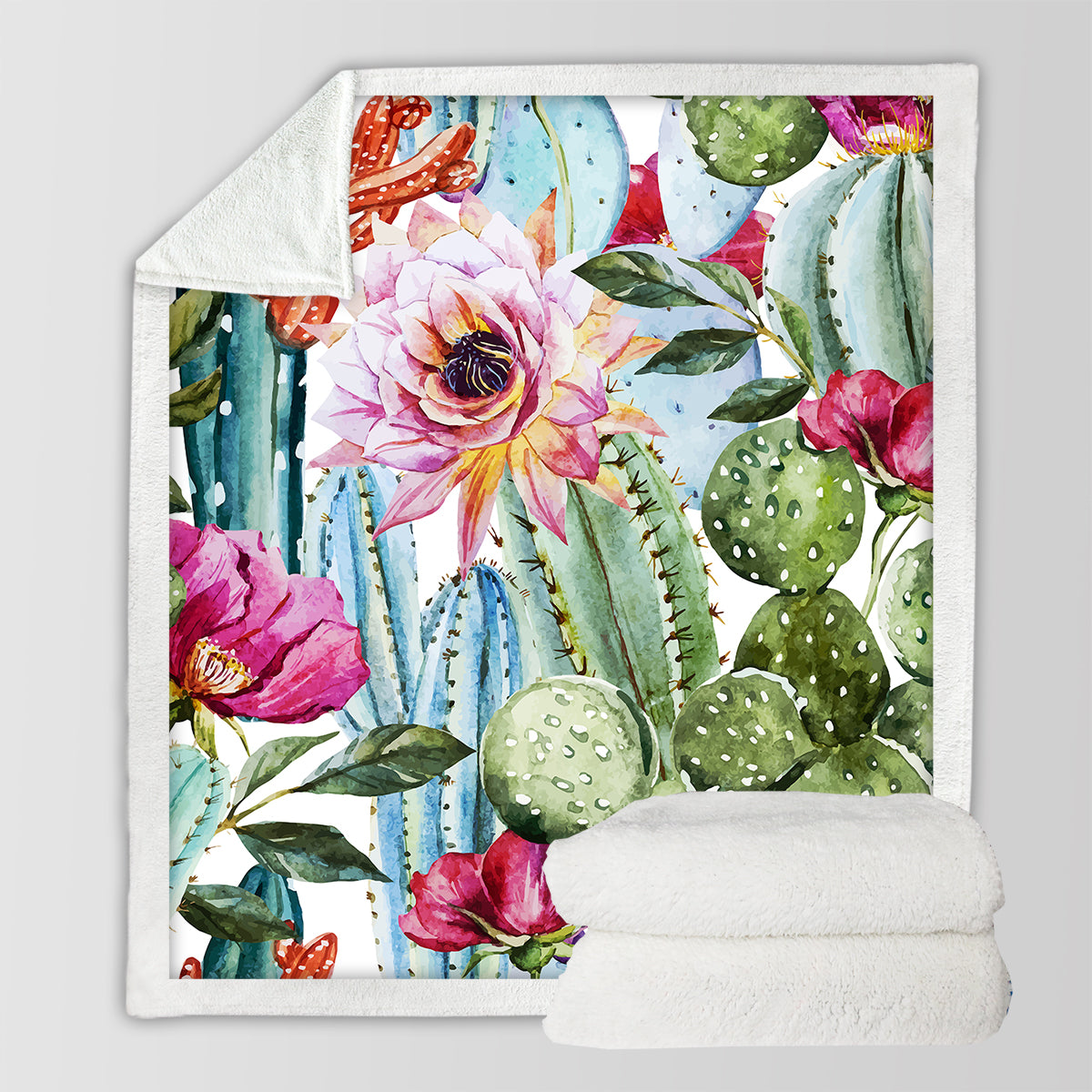 Cozy Soft Sherpa Blanket with Cactus Design - Warm & Fluffy Throw for Bed, Sofa, and Outdoor Use