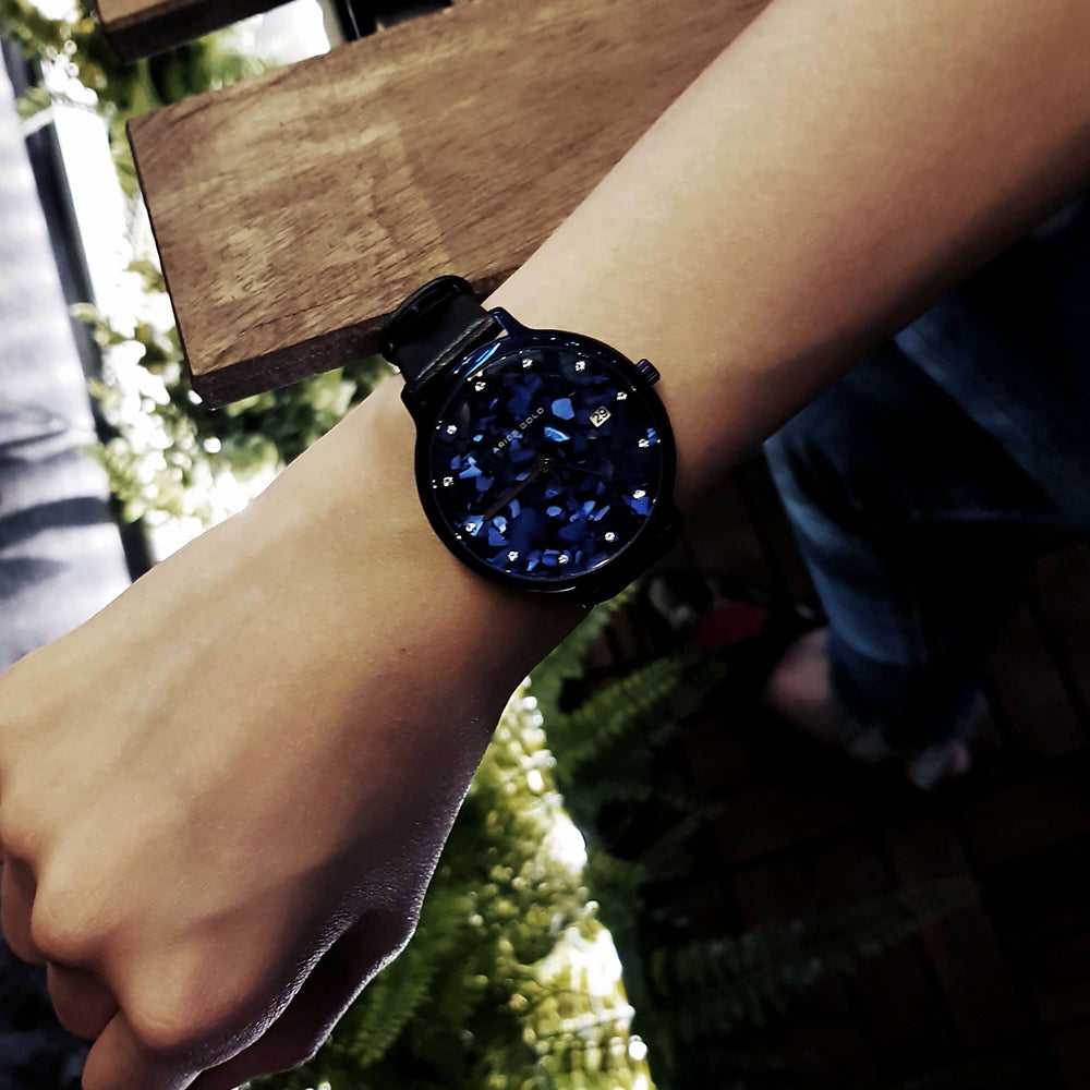 Aries Gold Enchant Fleur Blue Leather Strap Women's Watch - Elegant Timepiece for Casual Wear, Office & Special Occasions