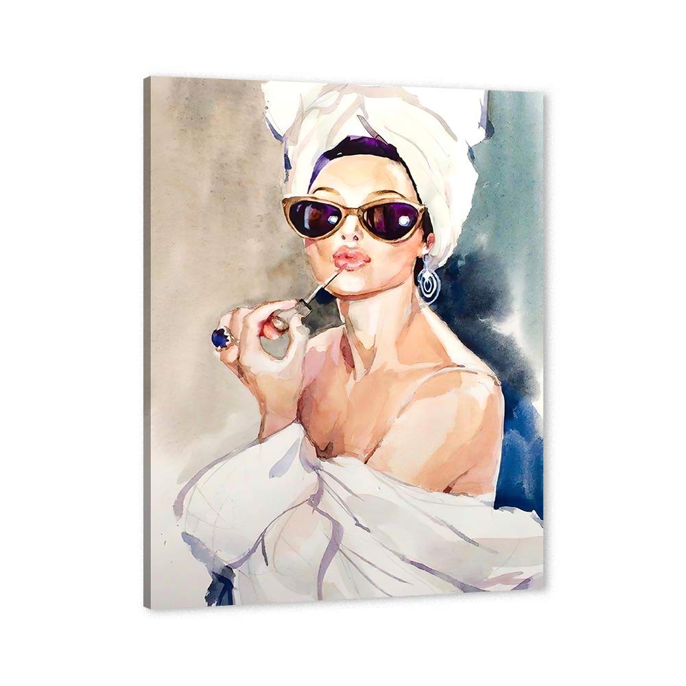 GUTTATY Pink Lips Audrey Hepburn Canvas Wall Art - 32x48 Inches Framed Bathroom Decor for Women & Girls, Ready to Hang Dressing Room Pictures - Perfect for Bathroom, Bedroom & Vanity Makeup Area Decor