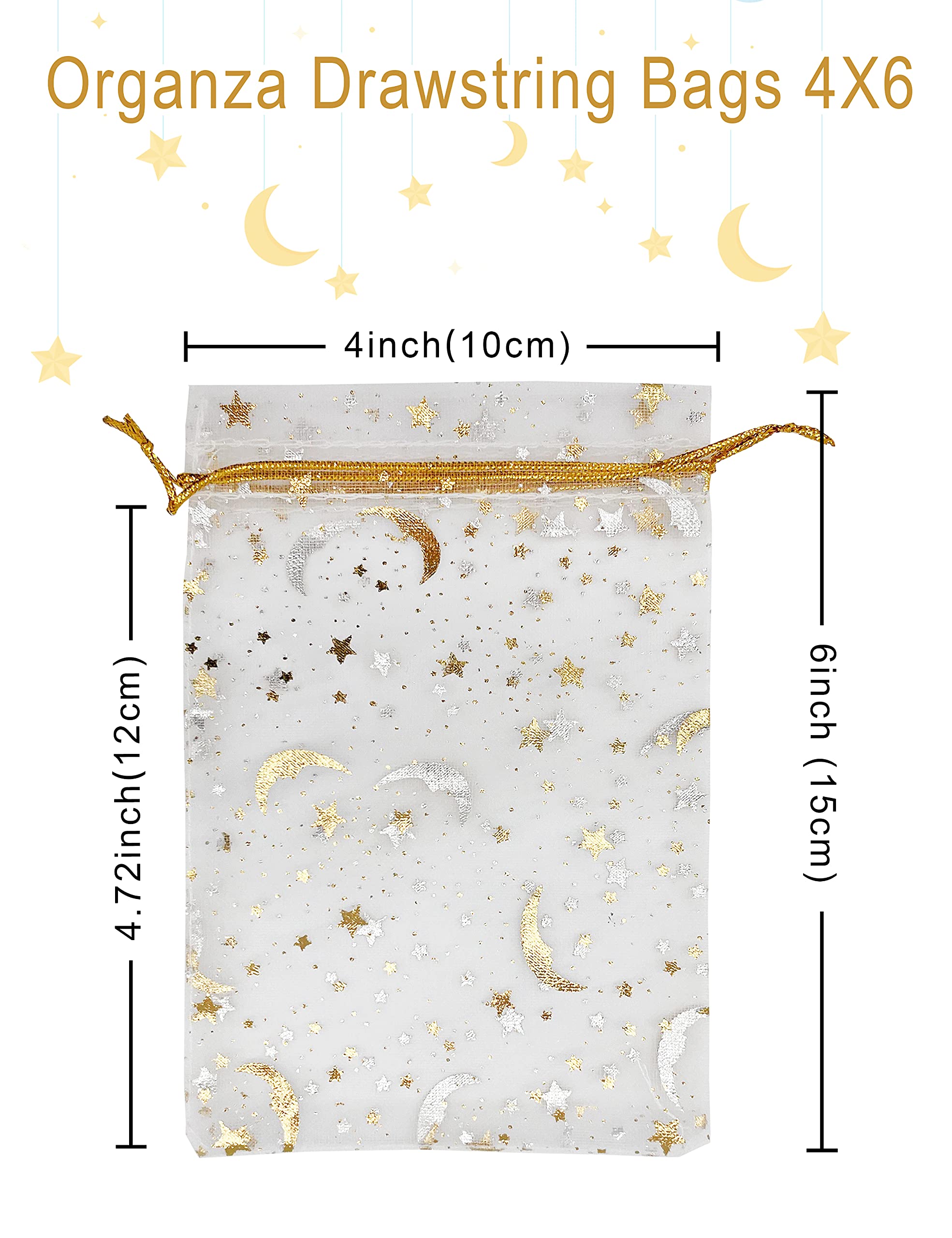 100PCS 4x6 Inch White Organza Drawstring Bags - Small Mesh Jewelry Gift Pouches with Moon & Star Design for Wedding Favors, Party Gifts, Candy Packaging & DIY Crafts (White) - Perfect for Bridal Showers, Baby Showers, Birthday Parties & Special Events