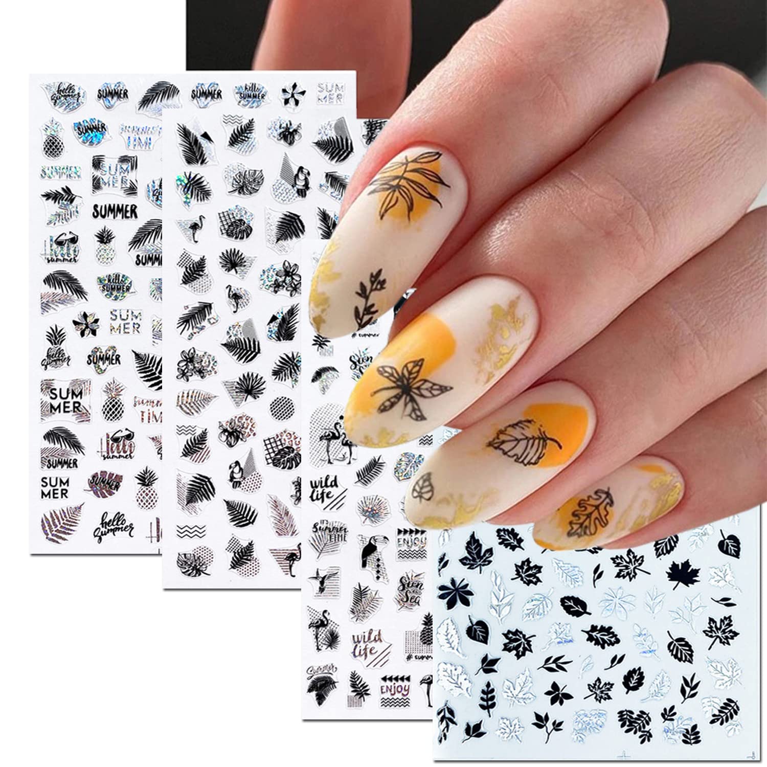 Holographic 3D Nail Art Stickers - Silver Summer Seaside Beach Nail Decals with Coconut Tree Leaf Design, Self-Adhesive Nail Decorations for Women | Perfect for Vacation Manicures, Beach Parties & Summer Nail Art