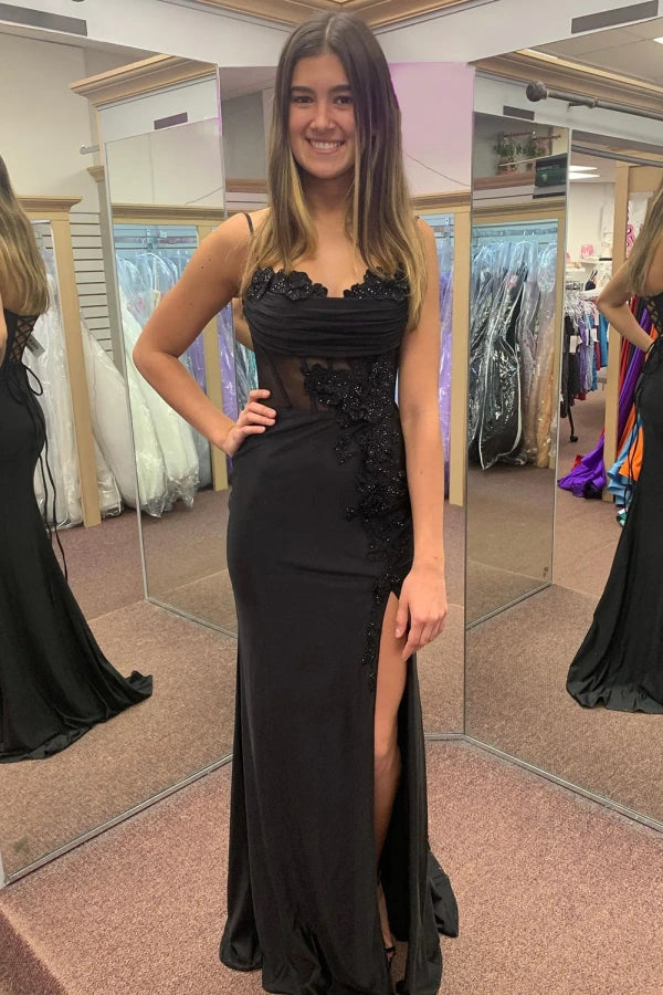 Black Spaghetti Strap Corset Prom Dress with High Slit - Elegant Appliques & Flattering Fit | Perfect for Homecoming, Pageants & Formal Events