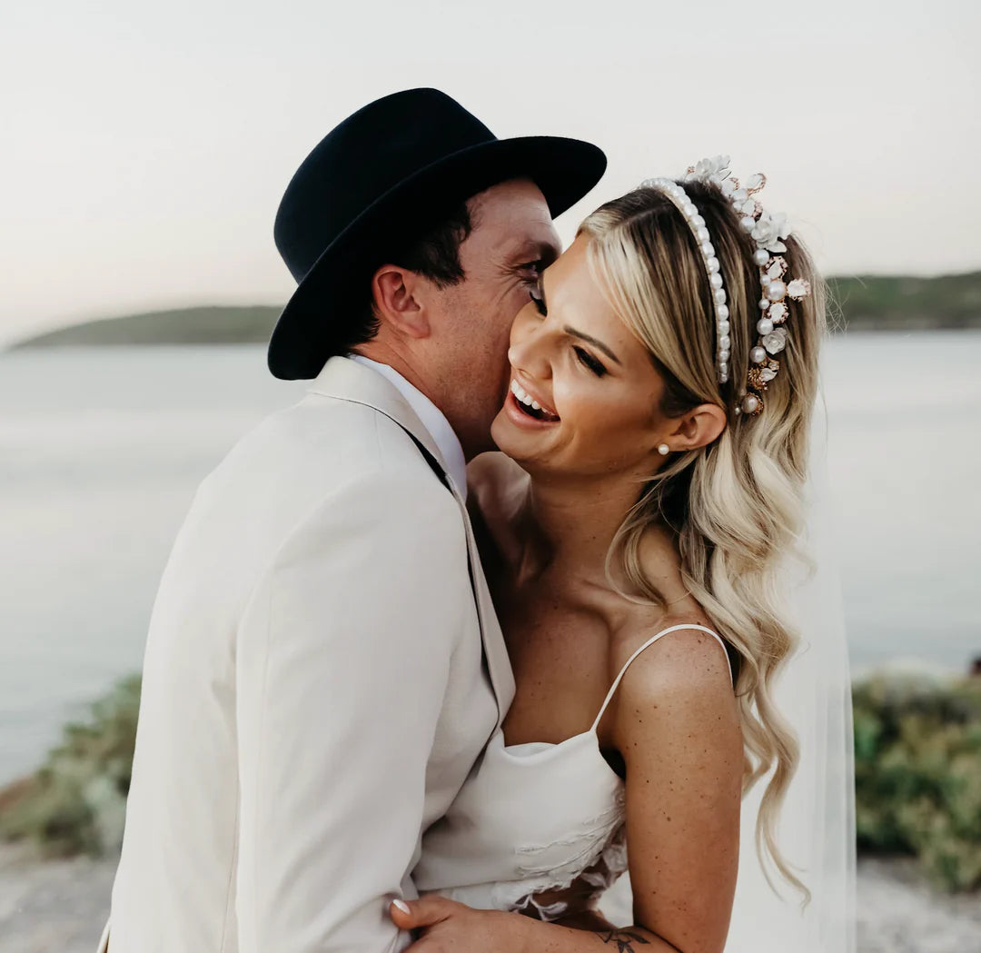 Sophia Bridal Pearl & Crystal Headpiece - Gold Tiara for Wedding, Prom & Special Occasions | A'el Este Bridal Accessories