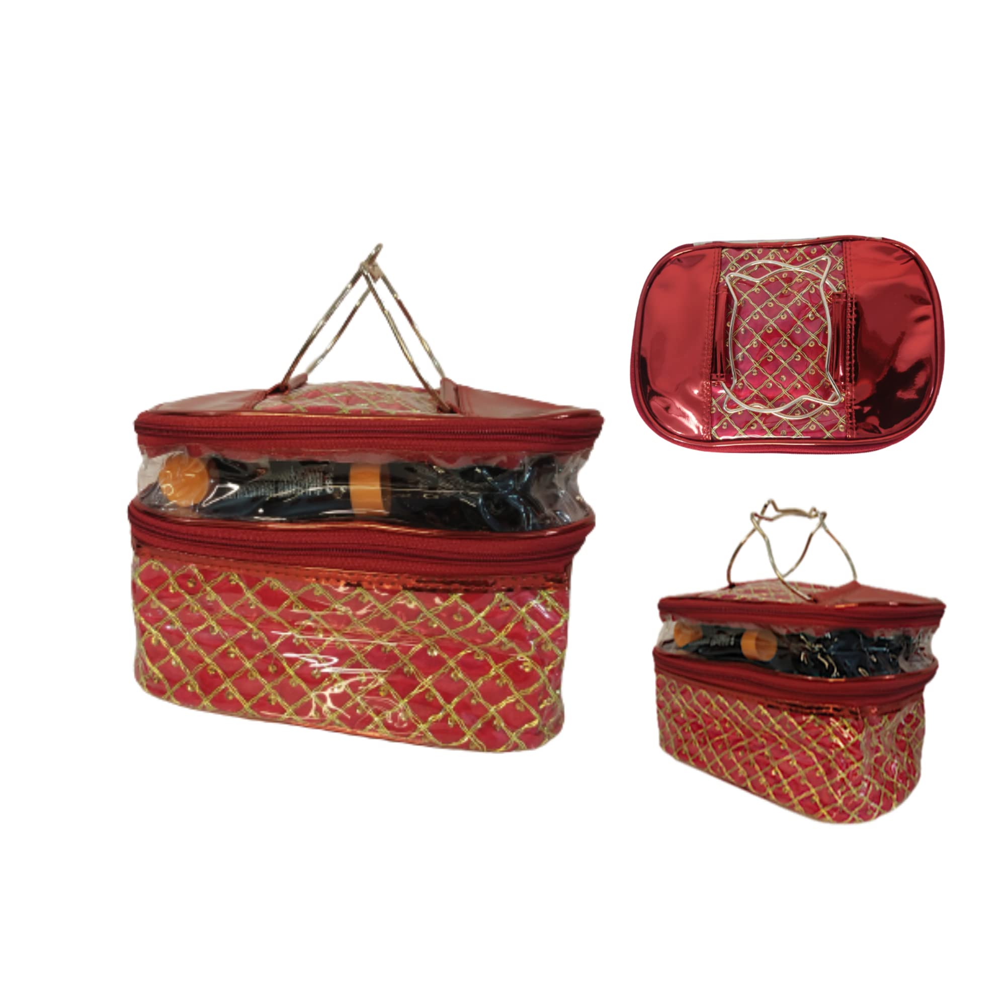 YELLOW SHINE MART Double Layer Makeup Bag - Travel Cosmetic Organizer & Toiletry Case in Red & Gold | Perfect for Vacation, Gym & Daily Essentials Storage