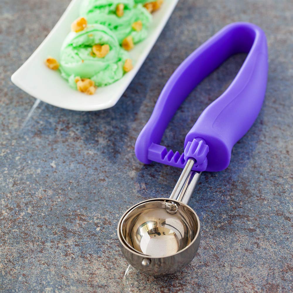 **Restaurantware Comfortable Grip 0.86oz Gelato & Ice Cream Scoop - Ambidextrous Stainless Steel with Built-in Blade, Purple Handle - Perfect for Gelato, Ice Cream, Cookie Dough & Baking Ingredients (Ideal for Restaurants, Cafes & Home Use)**