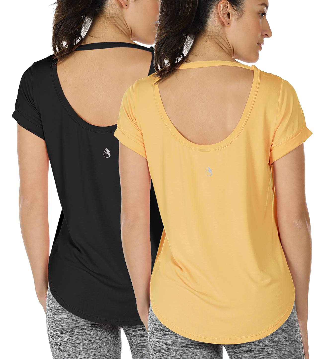 icyzone Women's Open Back Yoga Shirts - Breathable Workout Tops, Athletic Short Sleeve Running Tees, Loose Fit Activewear for Yoga, Gym & Outdoor Sports