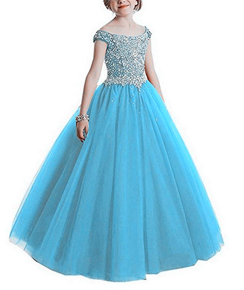 VeraQueen Girls Off Shoulder Beaded Pageant Dress - Cap Sleeve Ruffled Princess Ball Gown for Beauty Contests, Prom, Quinceañera & Special Occasions