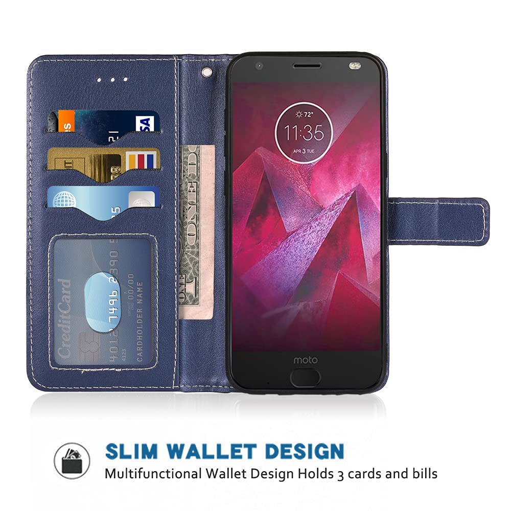 Premium Leather Flip Wallet Case with Card Holder & Wrist Strap for Moto Z2 Force - Compatible with Motorola MotoZ2Force Droid MotoZ2 Z2Force Z2 2Z (Blue) | Protective Phone Cover with Stand Feature for Daily Use & Travel