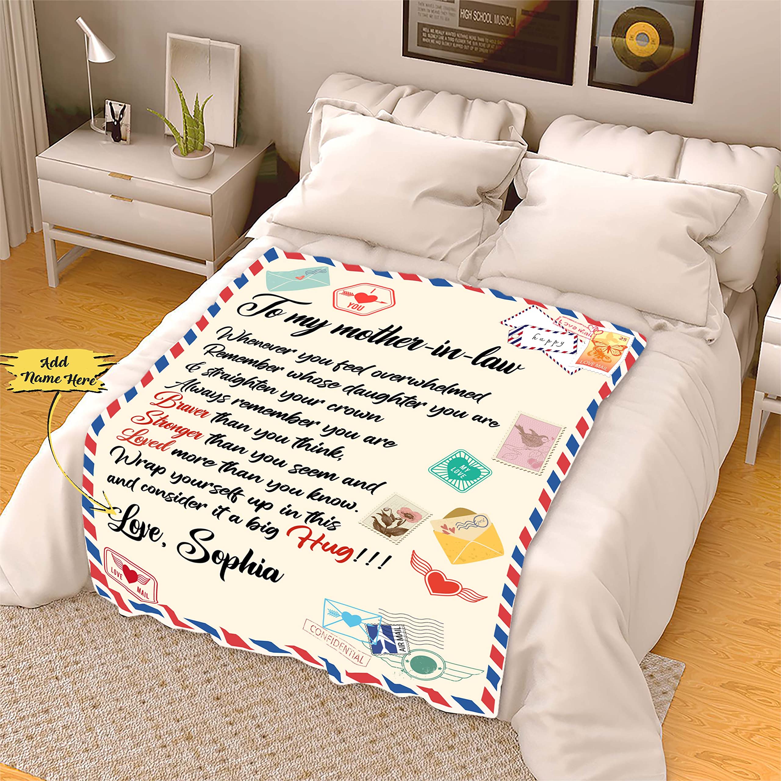 Personalized Mother-in-Law Air Mail Letter Blanket - Custom Name Throw Blanket Gift for Mom from Daughter/Son-in-Law - Made in USA - Perfect for Mother's Day, Birthday & Cozy Family Moments