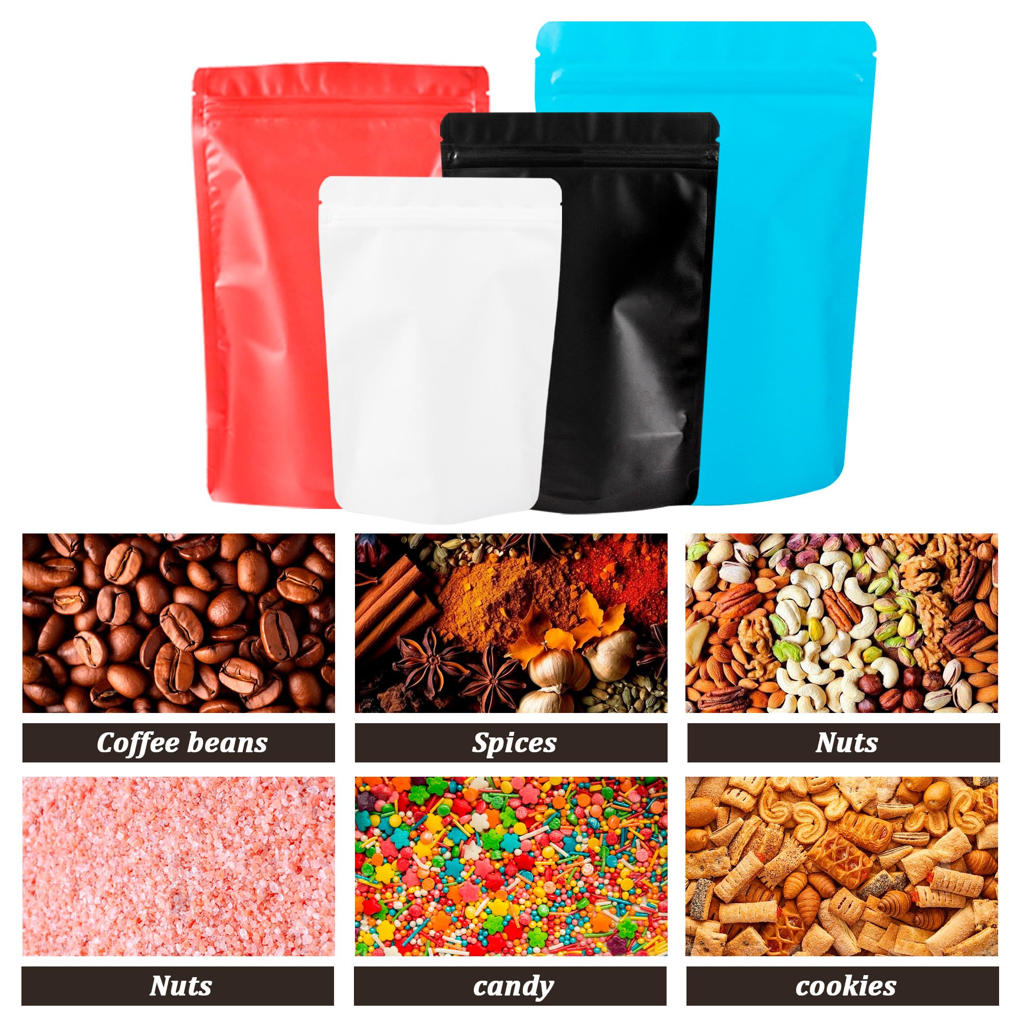 100 Pack Resealable Stand Up Bags - 6.3x9.4 Inch Smell Proof Storage Bags for Food, Snacks, Coffee & Herbs | Durable, Scratch Resistant & Airtight | Perfect for Kitchen Pantry Organization & Travel Snack Storage (Black)