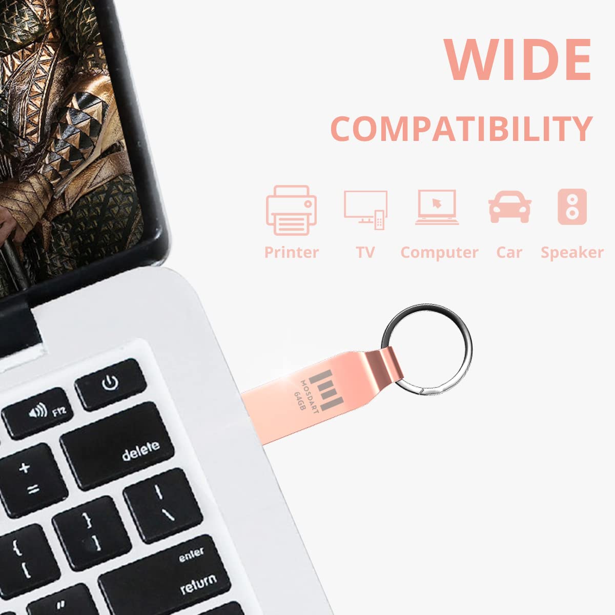 MOSDART 64GB Waterproof USB 2.0 Flash Drive - Metal Memory Stick with Keychain, exFAT Format for Windows/Mac, Rose Gold (2 Pack) - Perfect for System Backup, Data Storage & File Transfer at Home, Office or School