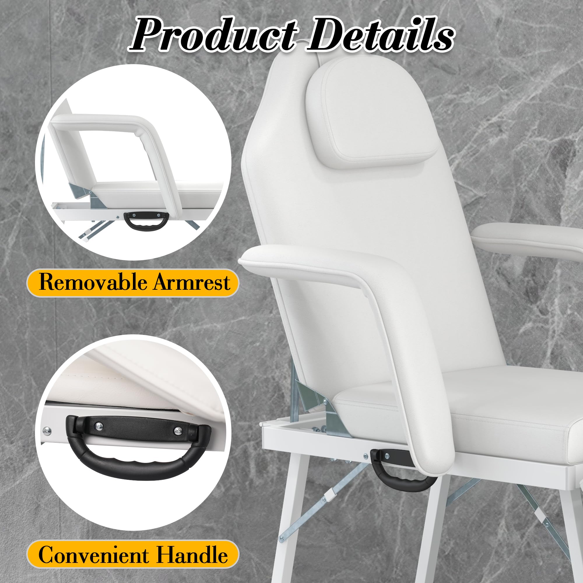 Professional Portable Massage Table - Adjustable Tattoo & Salon Bed with Armrests & Headrest | 3-Section Foldable Massage Bed for Facial, Lash & Beauty Treatments | Perfect for Spa, Home Use & Mobile Therapists (White)
