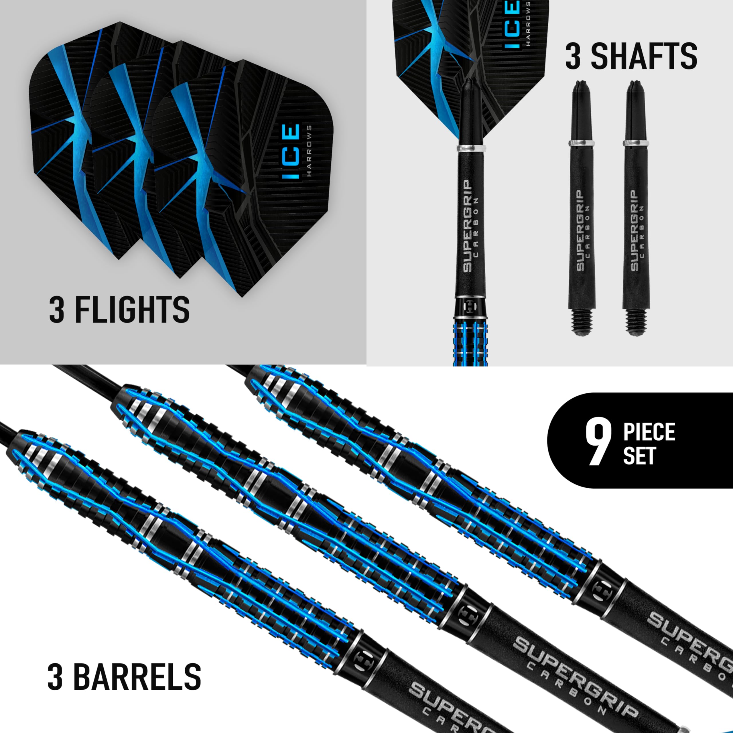 Harrows Ice Recut Steel Tip Dart Set – 90% Tungsten Darts with 3 Supergrip Carbon Midi Shafts & 3 Ice Flights | Professional Darts for Tournaments, Bars & Home Practice