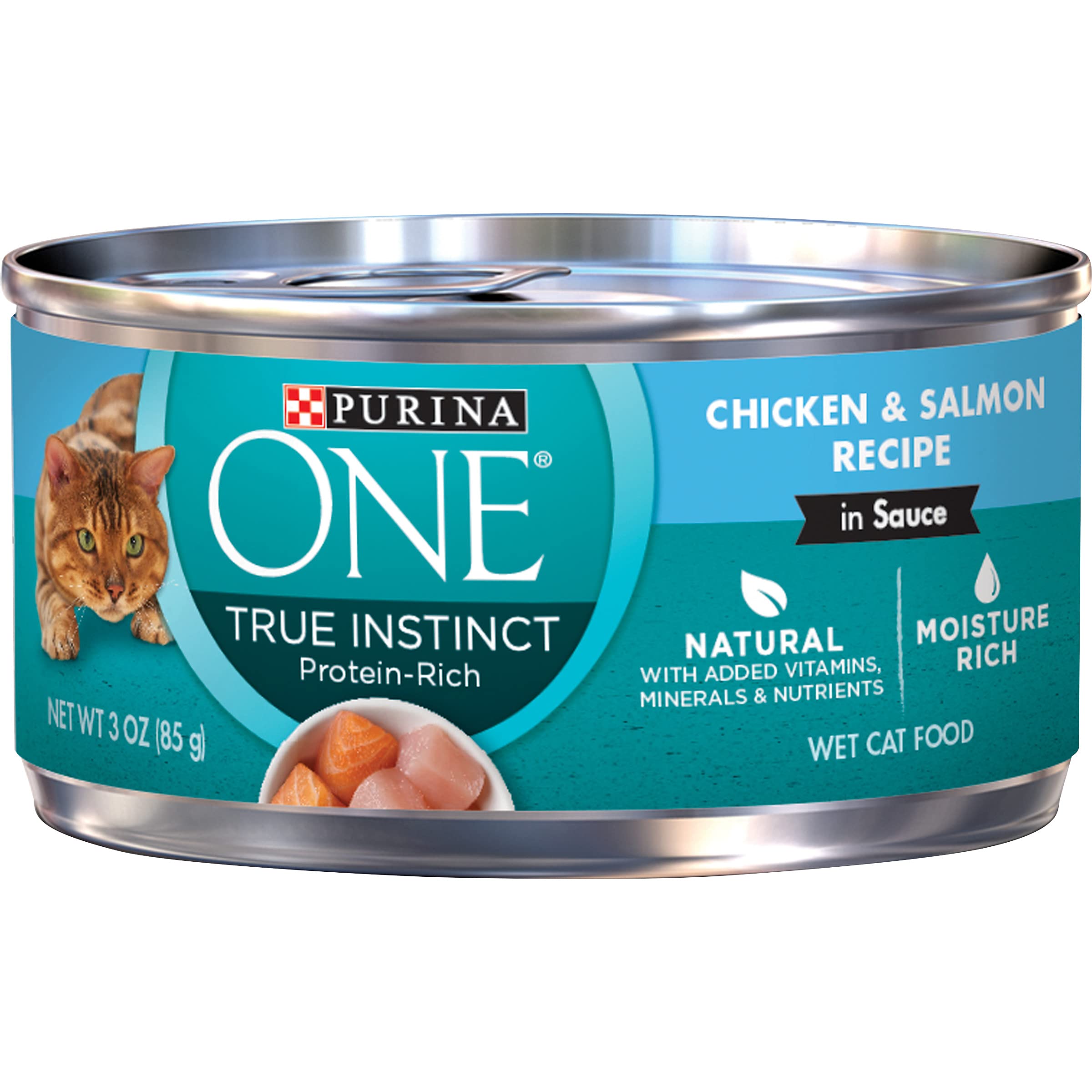 Purina ONE Natural High Protein Cat Food - True Instinct Chicken & Salmon Recipe in Sauce (24 Pack of 3 oz Pull-Top Cans) for Adult Cats - Wet Food for Healthy Skin & Coat, Perfect for Picky Eaters & Mealtime Enrichment