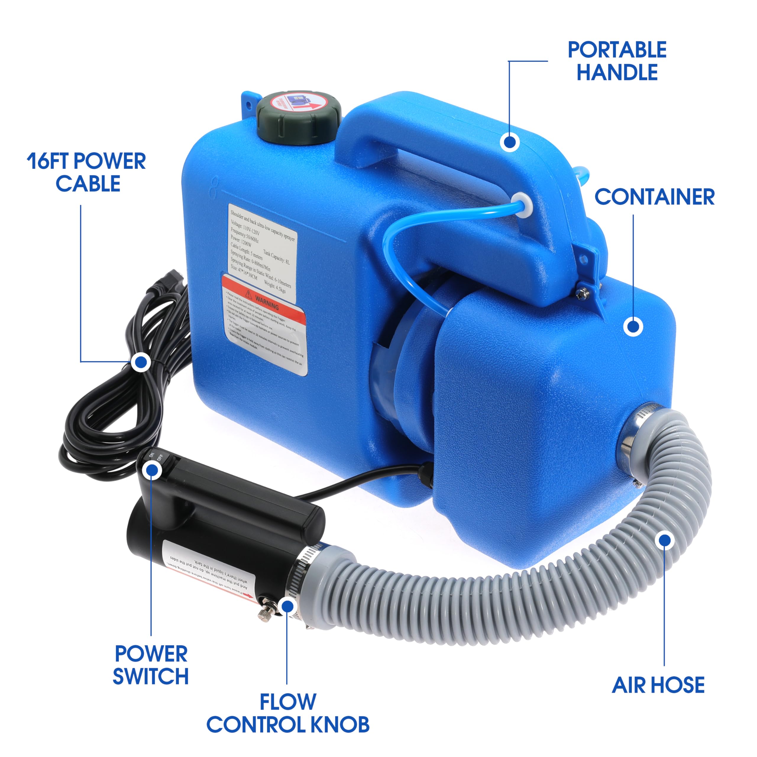 8L (2 Gallon) Electric ULV Fogger Machine - Portable Adjustable Flow Cold Mist Sprayer for Disinfection, Pest Control, Sanitization - Indoor & Outdoor Use in Homes, Schools, Hospitals, Warehouses