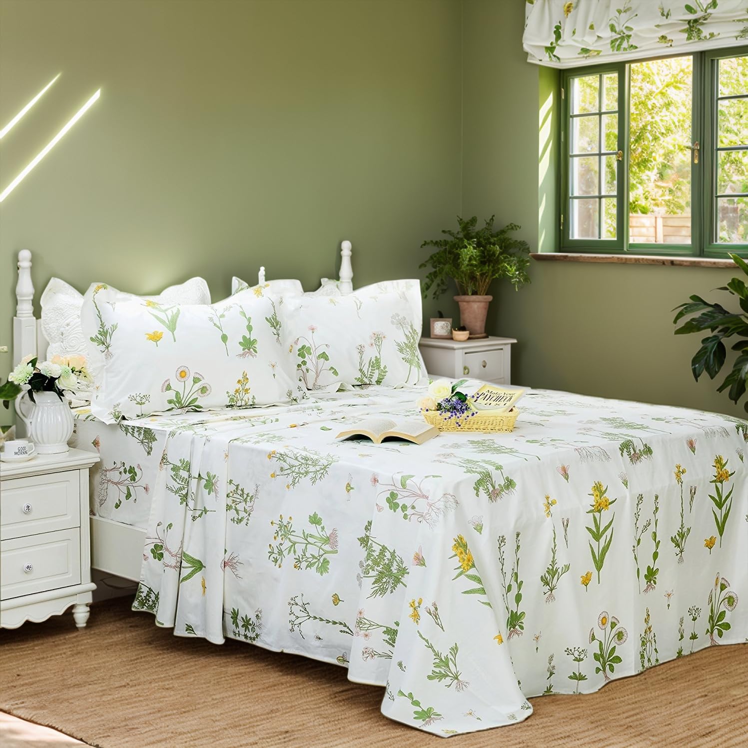 FADFAY 100% Cotton 4-Piece Bed Sheet Set - Green Floral Print (1 Flat Sheet, 1 Fitted Sheet, 2 Pillowcases) - Soft & Comfortable Twin XL Bedding for Dorm, Guest Room & Home Decor