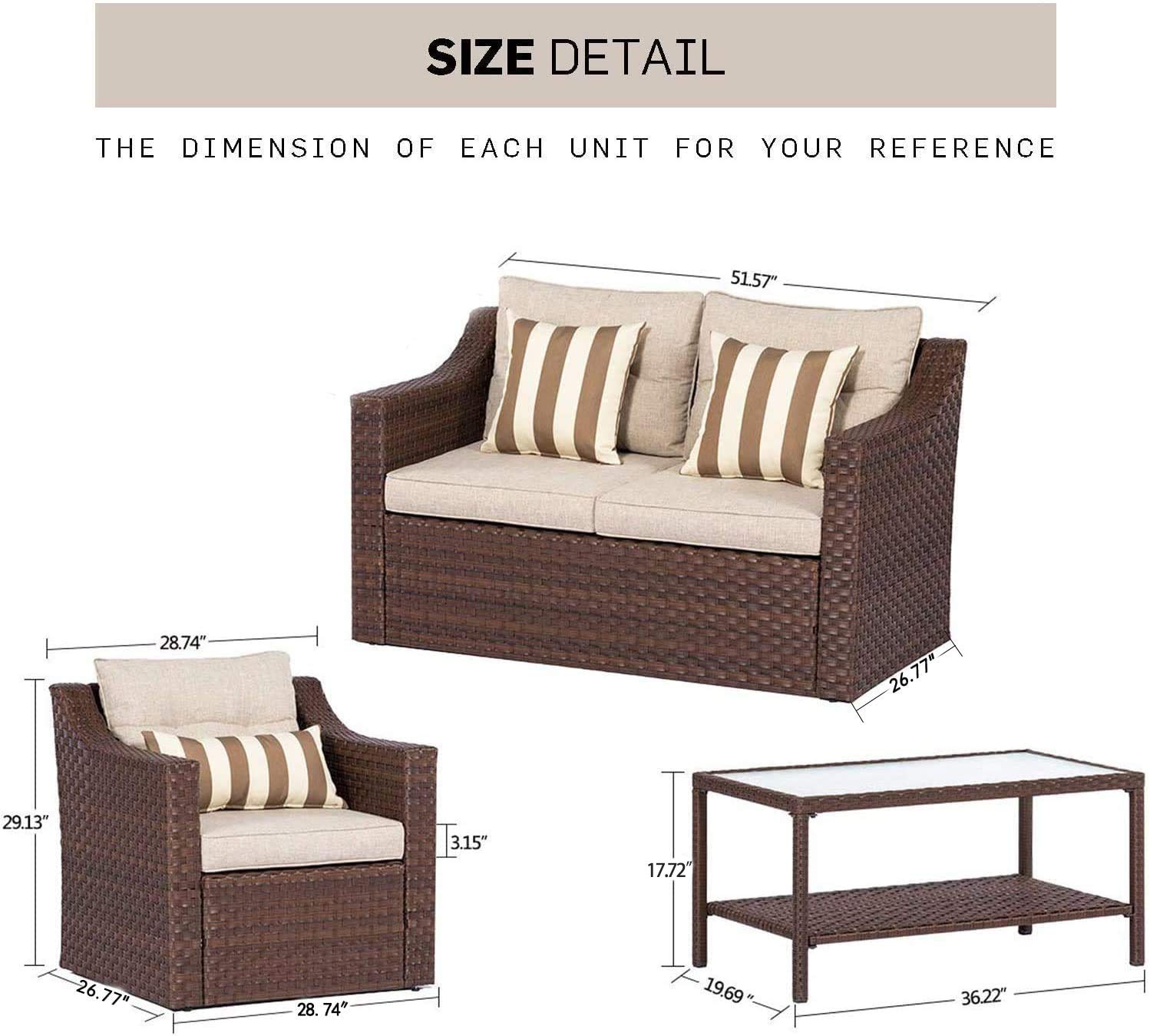 SOLAURA 4-Piece Outdoor Patio Furniture Set - All-Weather Wicker Sectional Sofa with Tempered Glass Coffee Table, Brown - Perfect for Backyard, Garden, and Poolside Relaxation