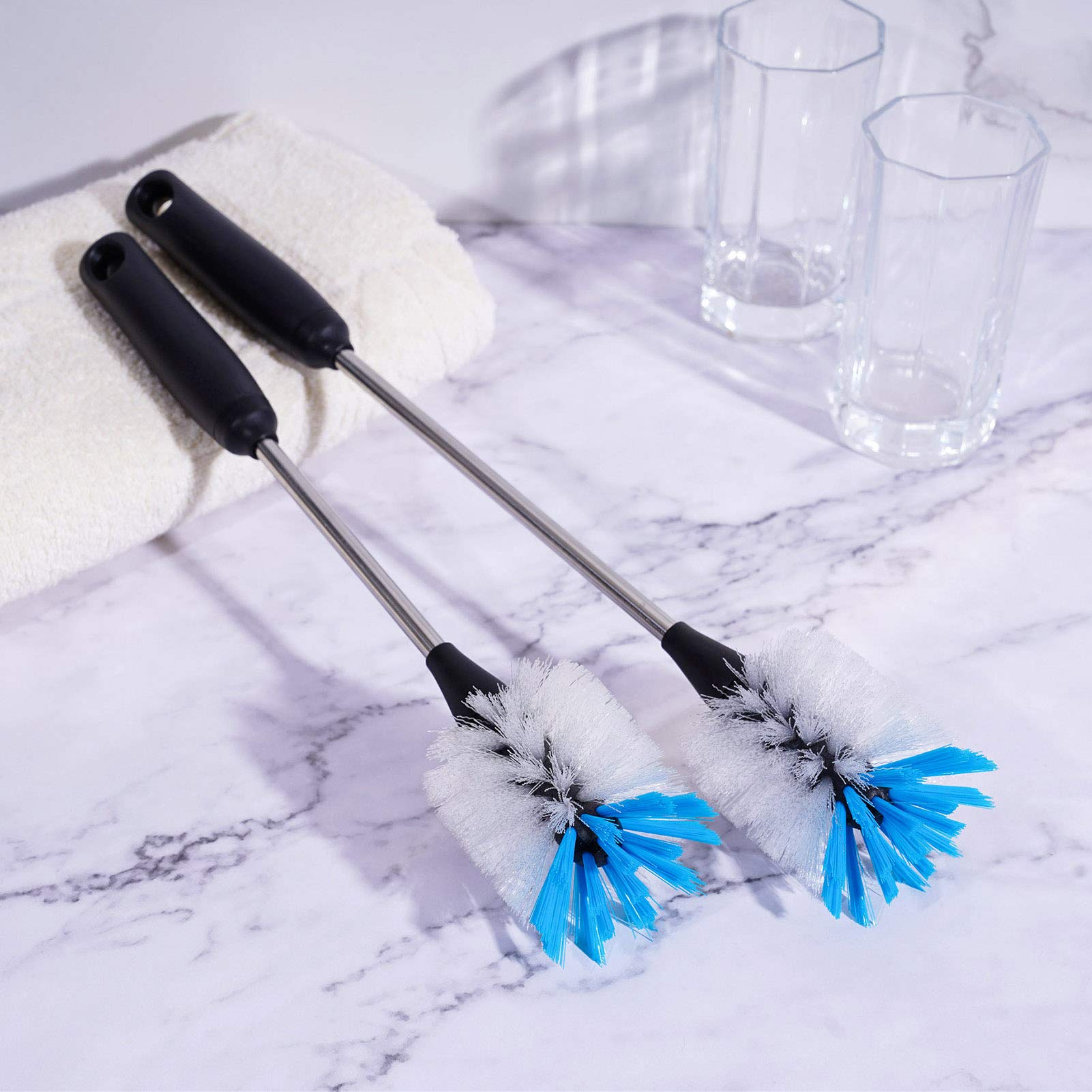 Stainless Steel Water Bottle Brush 2 Pack - Long Handle Cleaning Brush with Removable Head for Sports Bottles, Baby Bottles, Cups & Jars - Durable 13