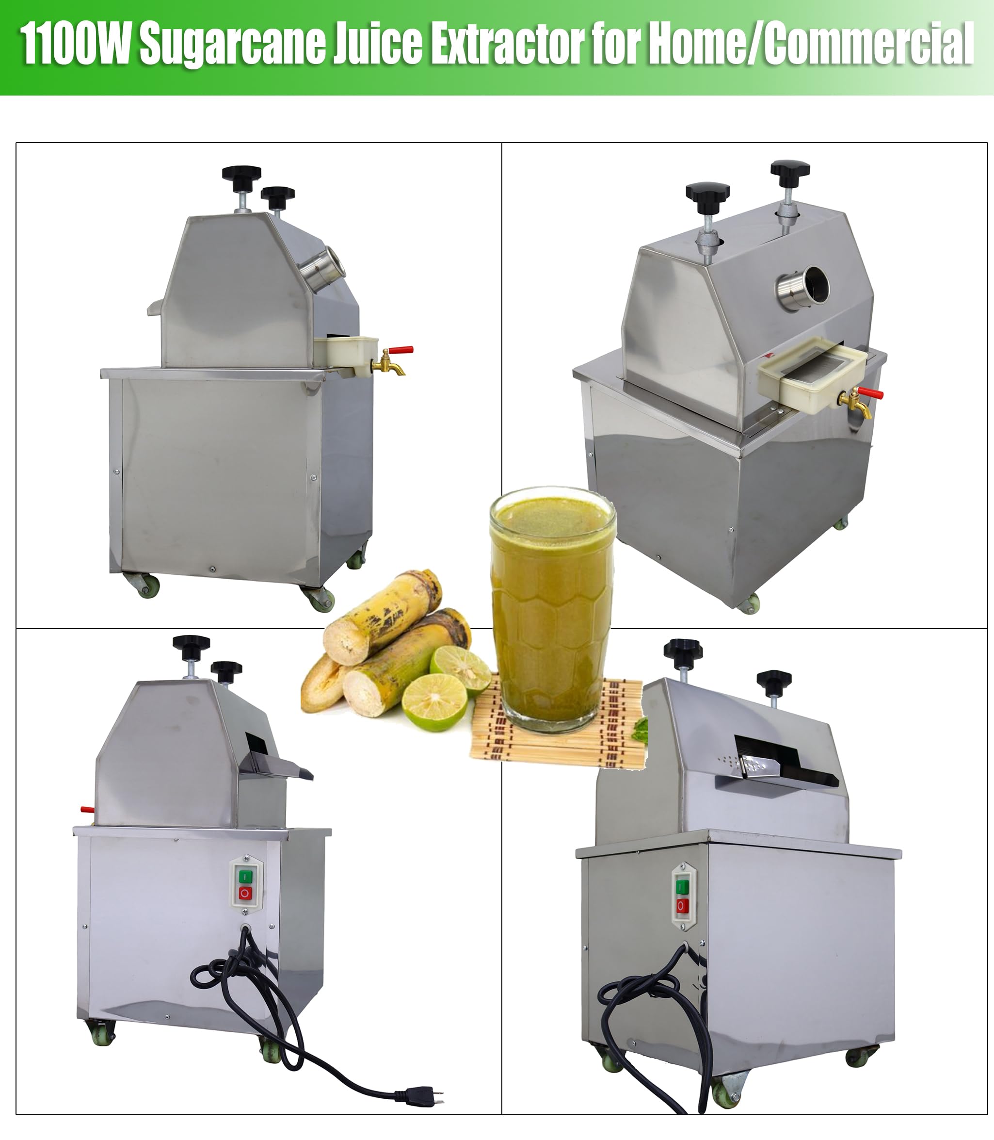1100W Commercial & Home Electric Sugarcane Juicer Machine - 110V Vertical Press with 3 Stainless Steel Rollers, High-Density Filter & 2 Cane Knives - 660lb/h Output for Juice Bars, Restaurants & Home Use