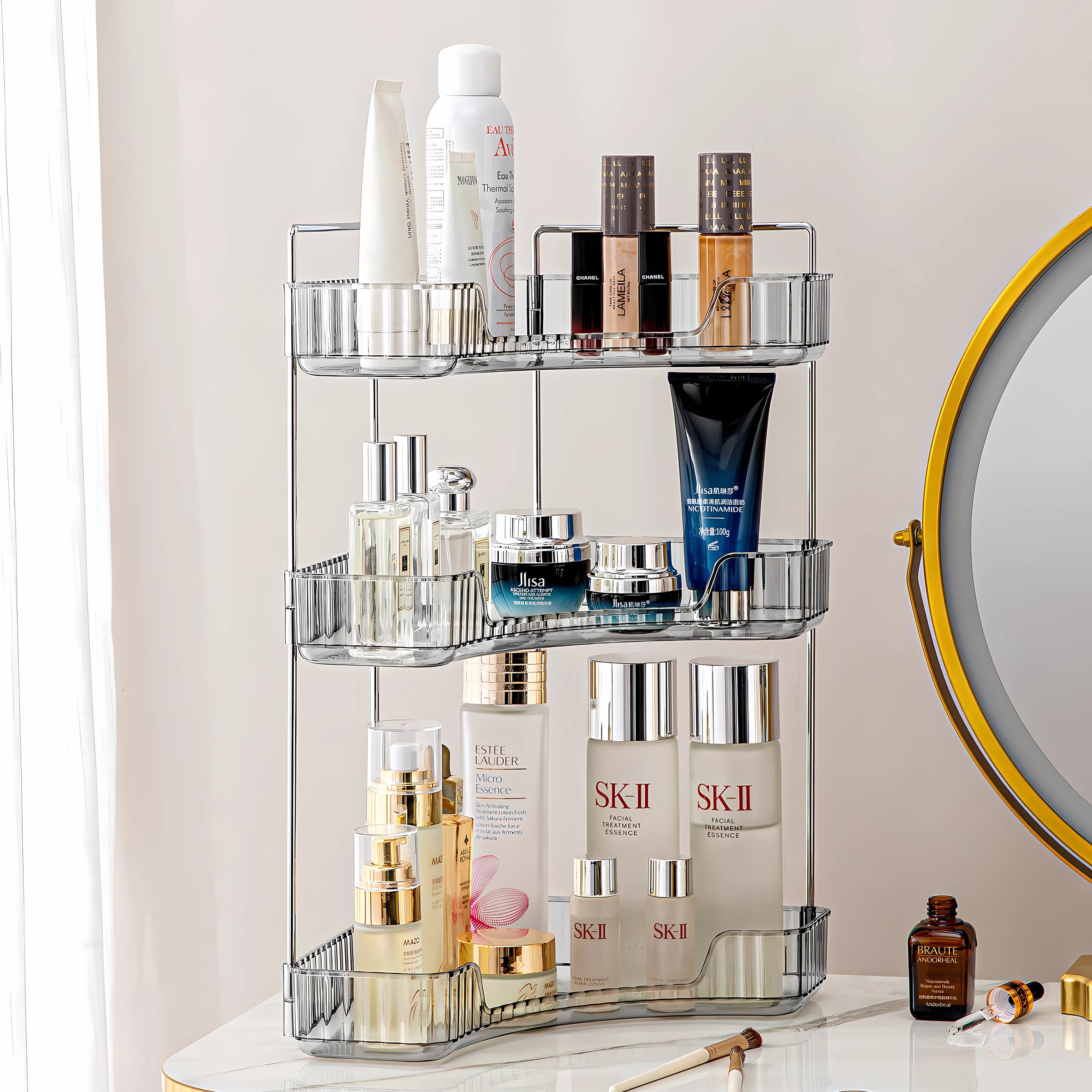 3-Tier Grey Corner Bathroom Counter Organizer - Vanity Makeup & Perfume Storage Shelf for Small Spaces | Perfect for Cosmetics, Skincare & Jewelry Organization in Bathroom, Bedroom or Dressing Table