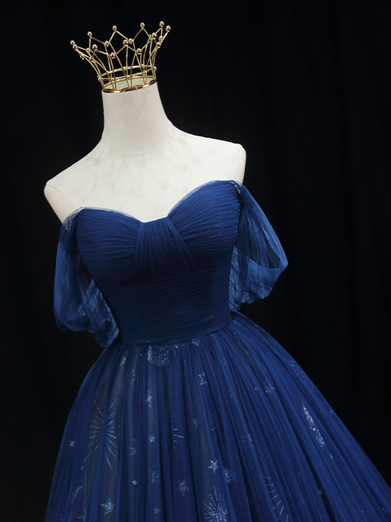 Elegant A-Line Off-Shoulder Sweetheart Neck Dark Blue Long Prom Dress - Formal Evening Gown for Homecoming, Wedding Guest & Special Occasions