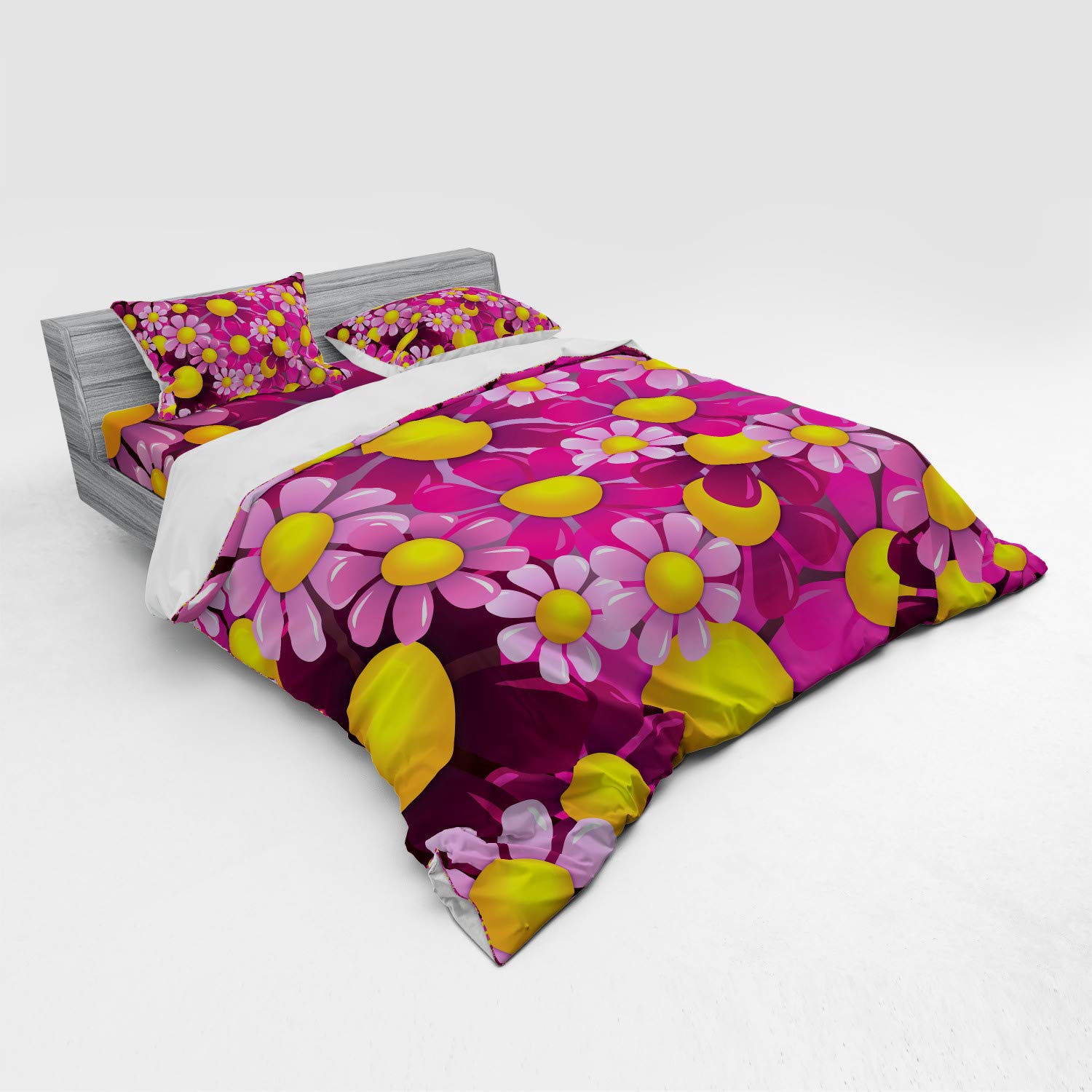 Ambesonne Abstract Duvet Cover Set - Vibrant Floral Cartoon Design for Summer Garden Bedroom Decor, 4-Piece King Size Bedding Set with Shams & Fitted Sheet in Hot Pink Lilac Orange | Perfect for Guest Rooms, Kids' Bedrooms & Bohemian Style Homes