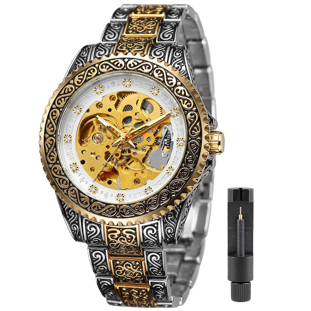 Luxury Men's Automatic Skeleton Watch - Gold & Black Engraved Mechanical Wristwatch for Men | Perfect for Business, Formal Events & Gift Giving