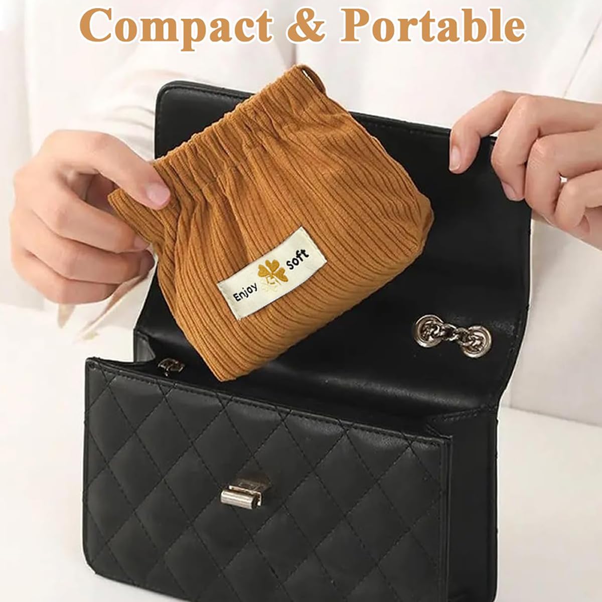 2 Pack Small Corduroy Pouches for Women & Girls - Mini Travel Makeup Bag, Coin Purse, Lipstick & Jewelry Organizer - Squeeze-Open Cosmetic Storage Bag for Hair Accessories (Coffee & Green) - Perfect for Travel, Daily Use & Gift Giving