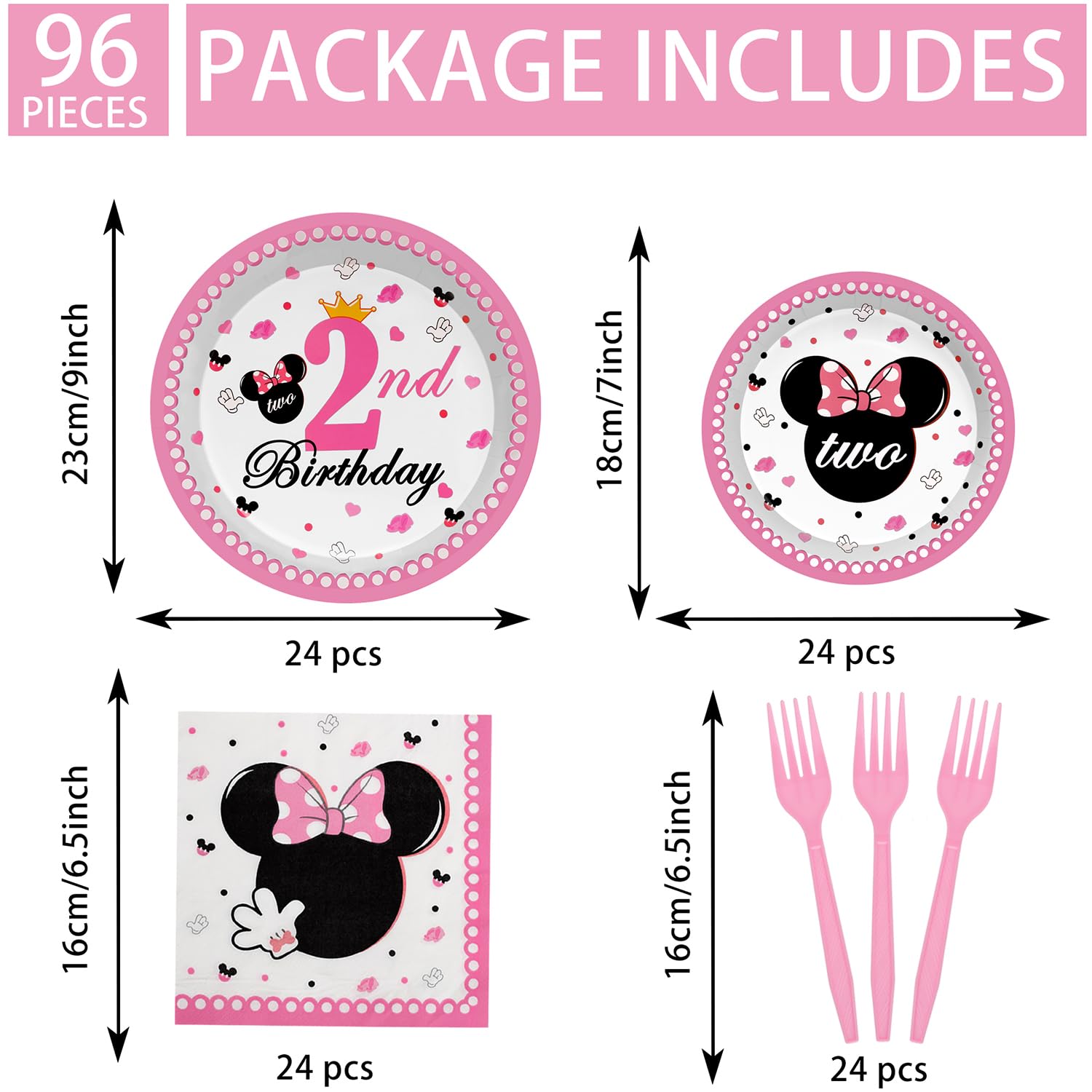 96pcs Minnie Mouse Birthday Party Supplies - Pink Mouse Themed Plates, Napkins & Forks for Girls 2nd Birthday Decorations | Perfect for Minnie Mouse Themed Parties, Baby Showers & Kids Celebrations