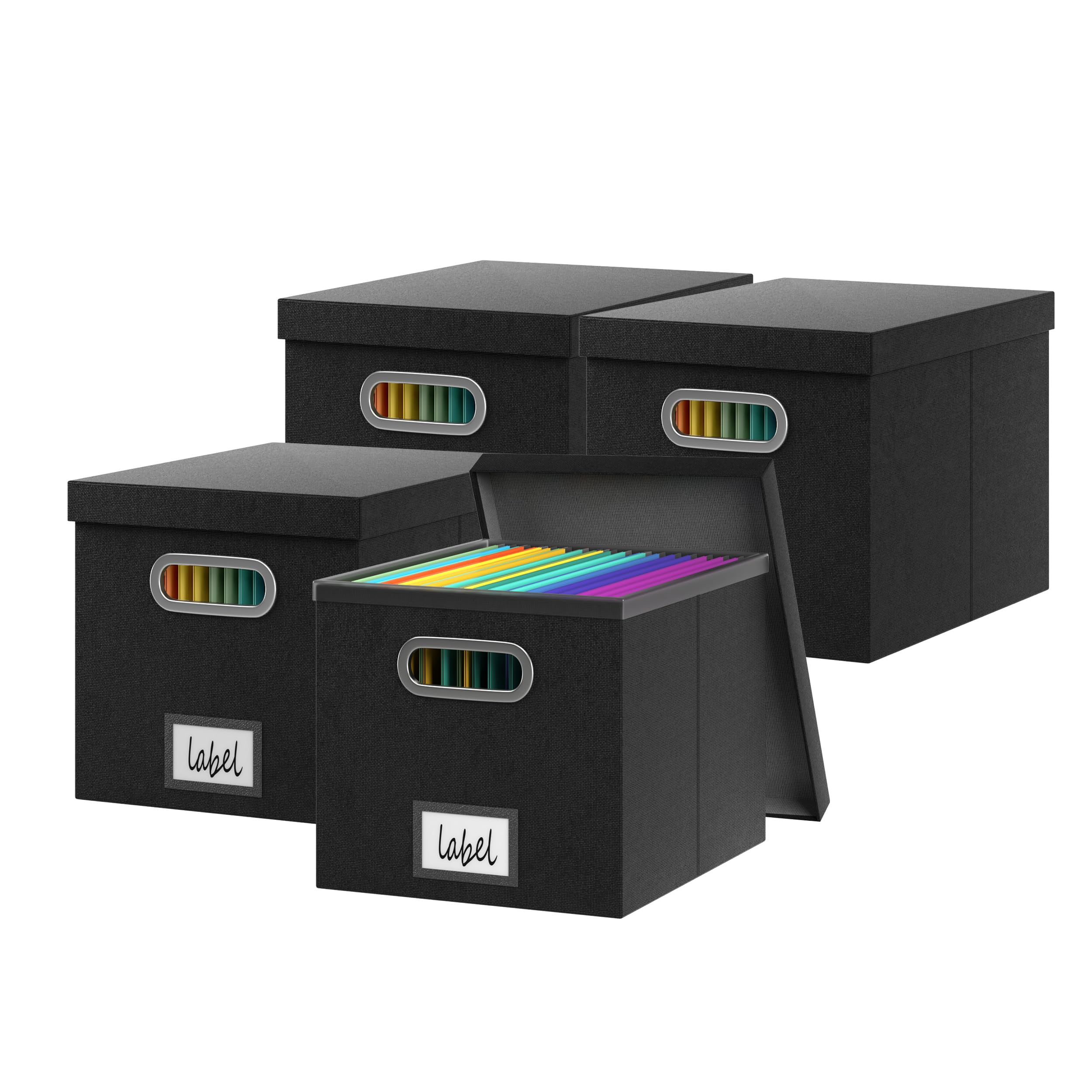 Black File Storage Box with Lid - 13.2x10.1x10.1 Inch Hanging File Organizer Box (4-Pack) - Durable Plastic Frame for Office, Home & School Document Organization - Perfect for Filing Cabinets, Desks & Storage Closets