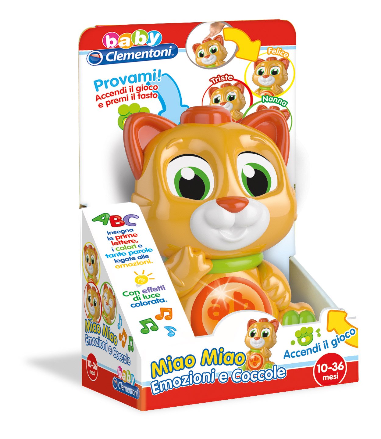 Clementoni Baby 17219 - Miao Miao Emotions & Cuddles Interactive Talking Electronic Game for Toddlers 10+ Months with Batteries Included - Italian Version | Early Learning Toy for Sensory Development & Parent-Child Bonding