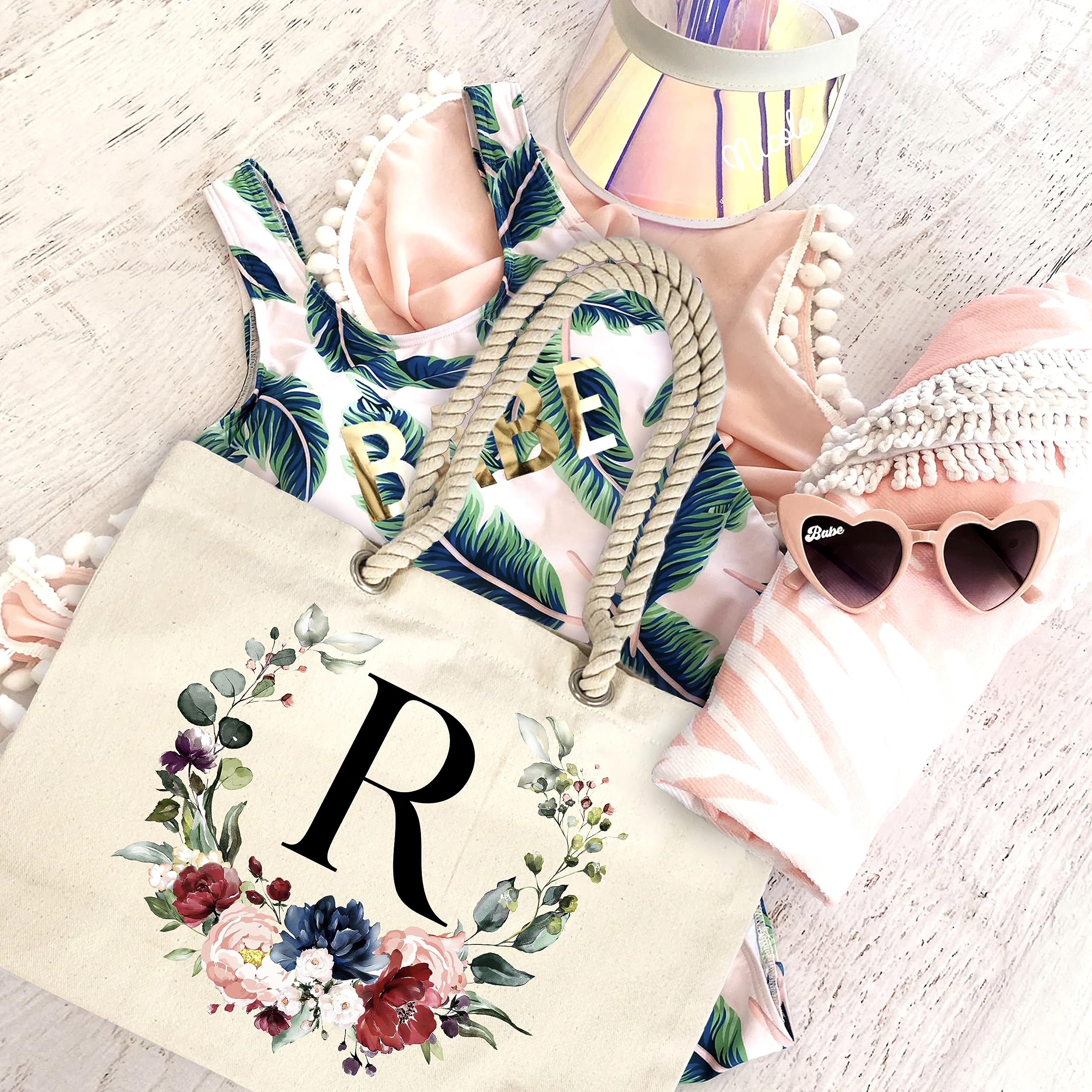 Custom Monogrammed Floral Initial Cotton Canvas Beach Tote Bag - Personalized Bridesmaid Gift for Wedding, Vacation & Summer Outings