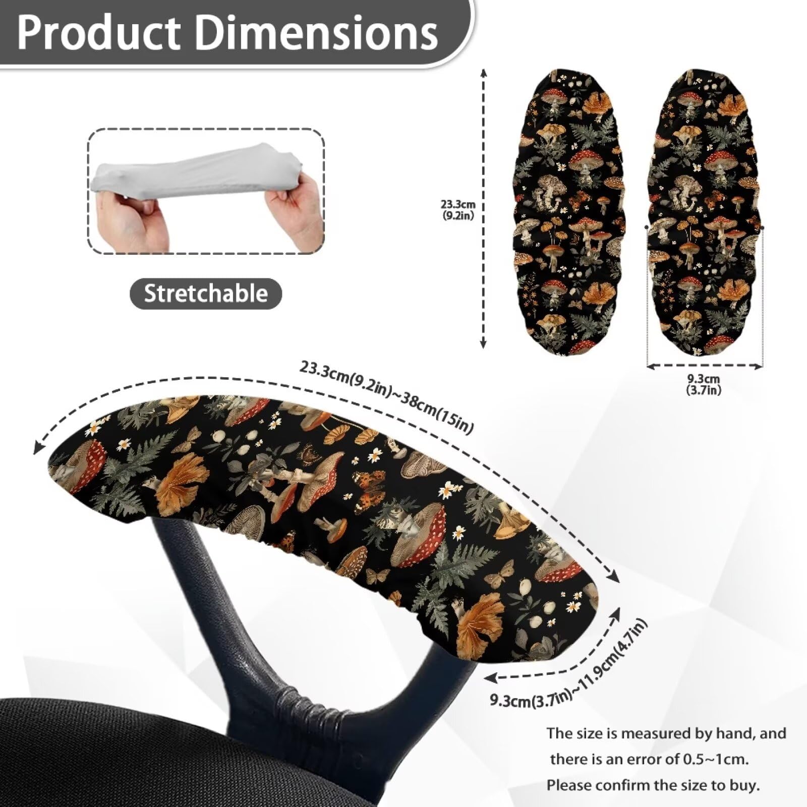 Stretchy Washable Mushroom Print Office Chair Armrest Covers - 2 Pack Comfortable Slipcovers for Rotating Chairs | Perfect for Home Office, Gaming & Workspace Ergonomics