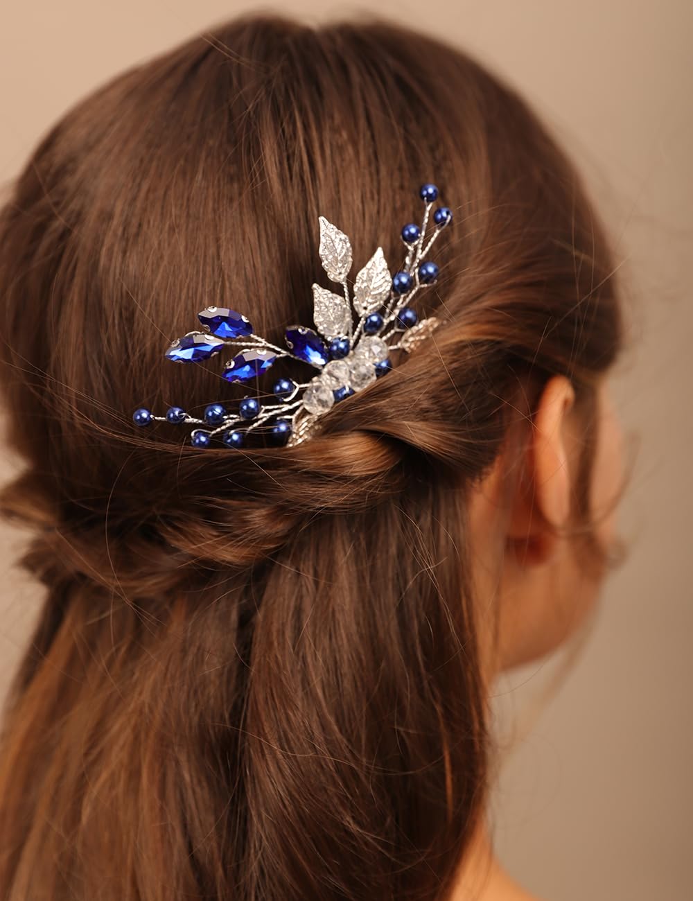 BERYUAN Silver Bridal Hair Comb with Blue Rhinestones & Crystal Leaves – Elegant Wedding Headpiece for Women & Girls | Perfect for Bridal, Prom, and Special Occasions