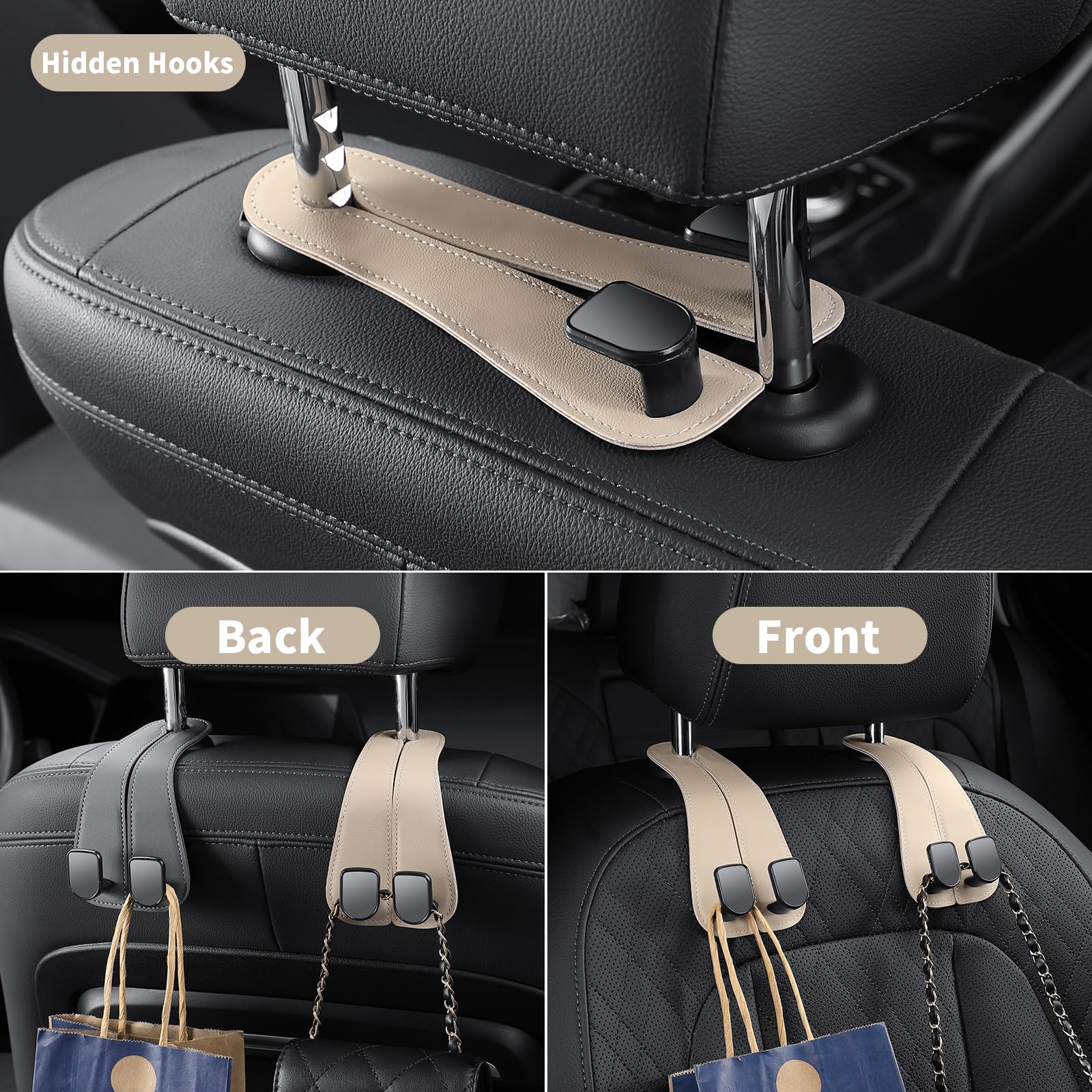 2 Pack Black Car Headrest Hooks - Durable Leather Seat Back Hooks for Purses, Bags & Accessories - Perfect for Organizing Handbags, Groceries & Shopping Items While Driving (Car Organizer Accessories)