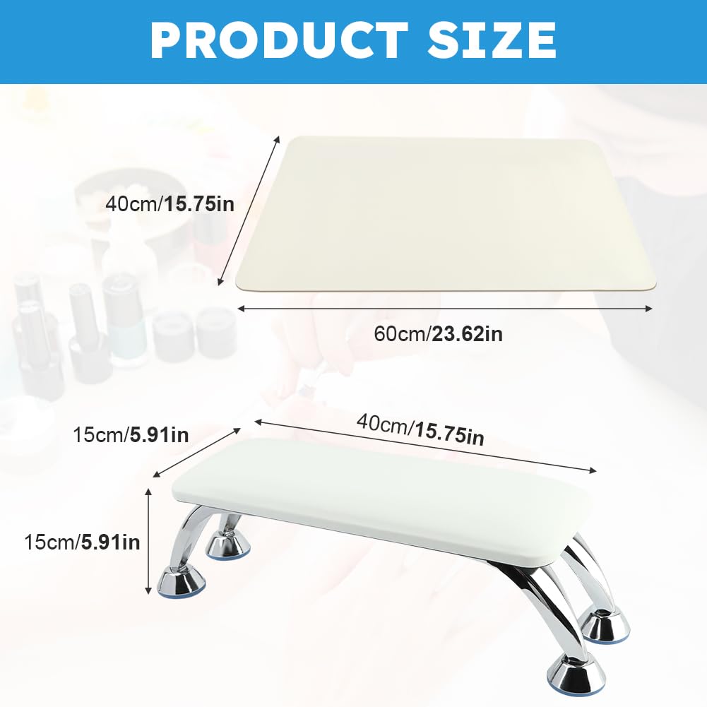 Foldable PU Leather Nail Hand Rest & Polish Mat Set - Acrylic Nail Art Table Mat with Hand Pillow for Manicure Salon | Portable Hand Rest for Gel Polish, Nail Extensions & DIY Home Nail Care (White)