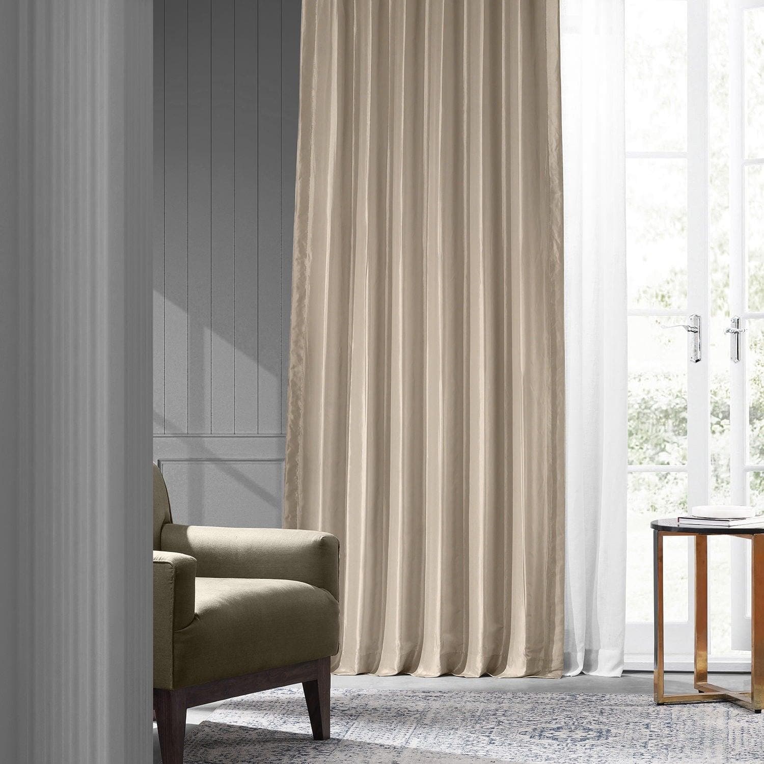 Antique Beige Solid Faux Silk Taffeta Blackout Curtains for Bedroom - Elegant Light Blocking Window Drapes for Living Room, Nursery & Home Theater