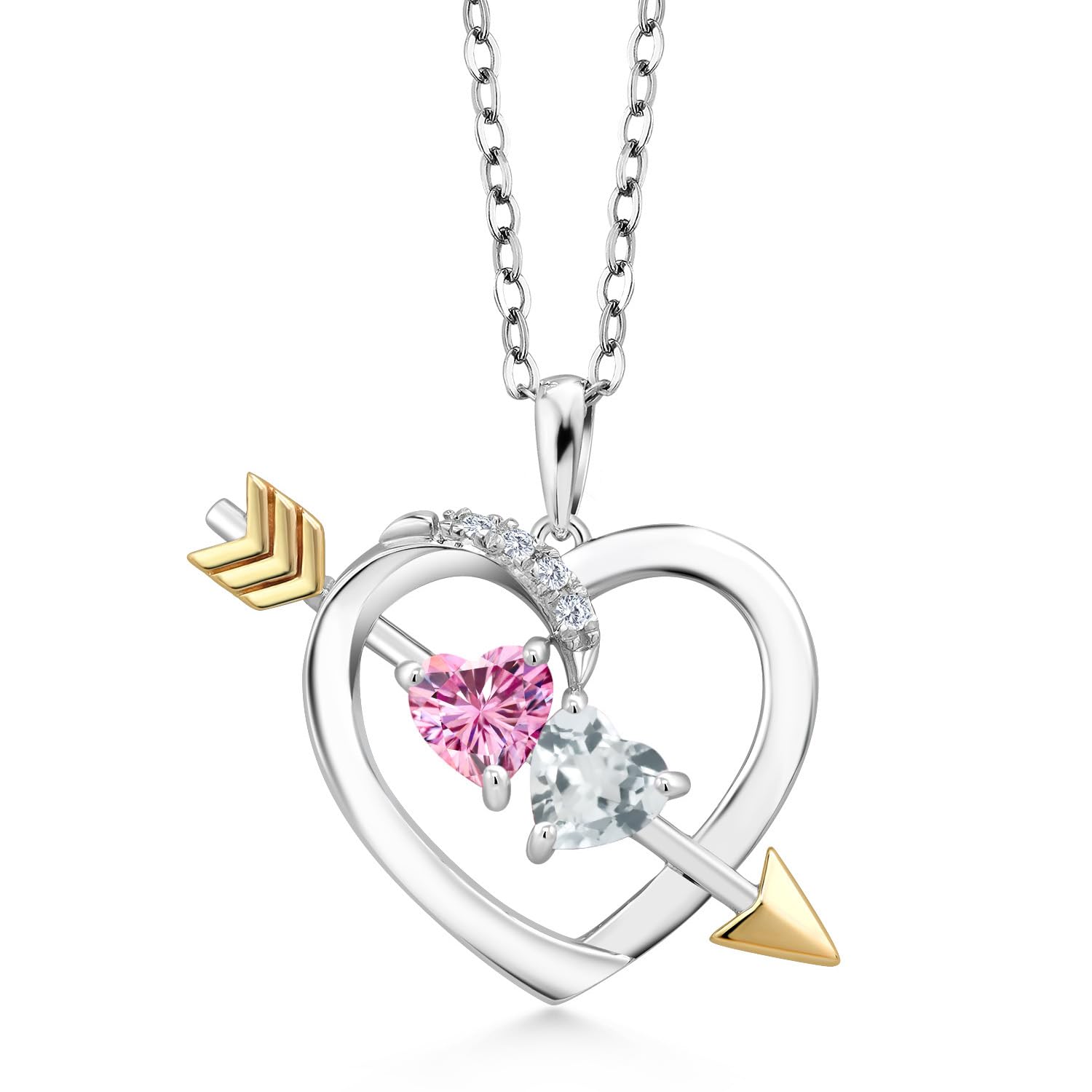 925 Sterling Silver & 10K Yellow Gold Pink Moissanite & Sky Blue Aquamarine Pendant Necklace for Women - 0.96 CTTW Gemstone Jewelry with 18