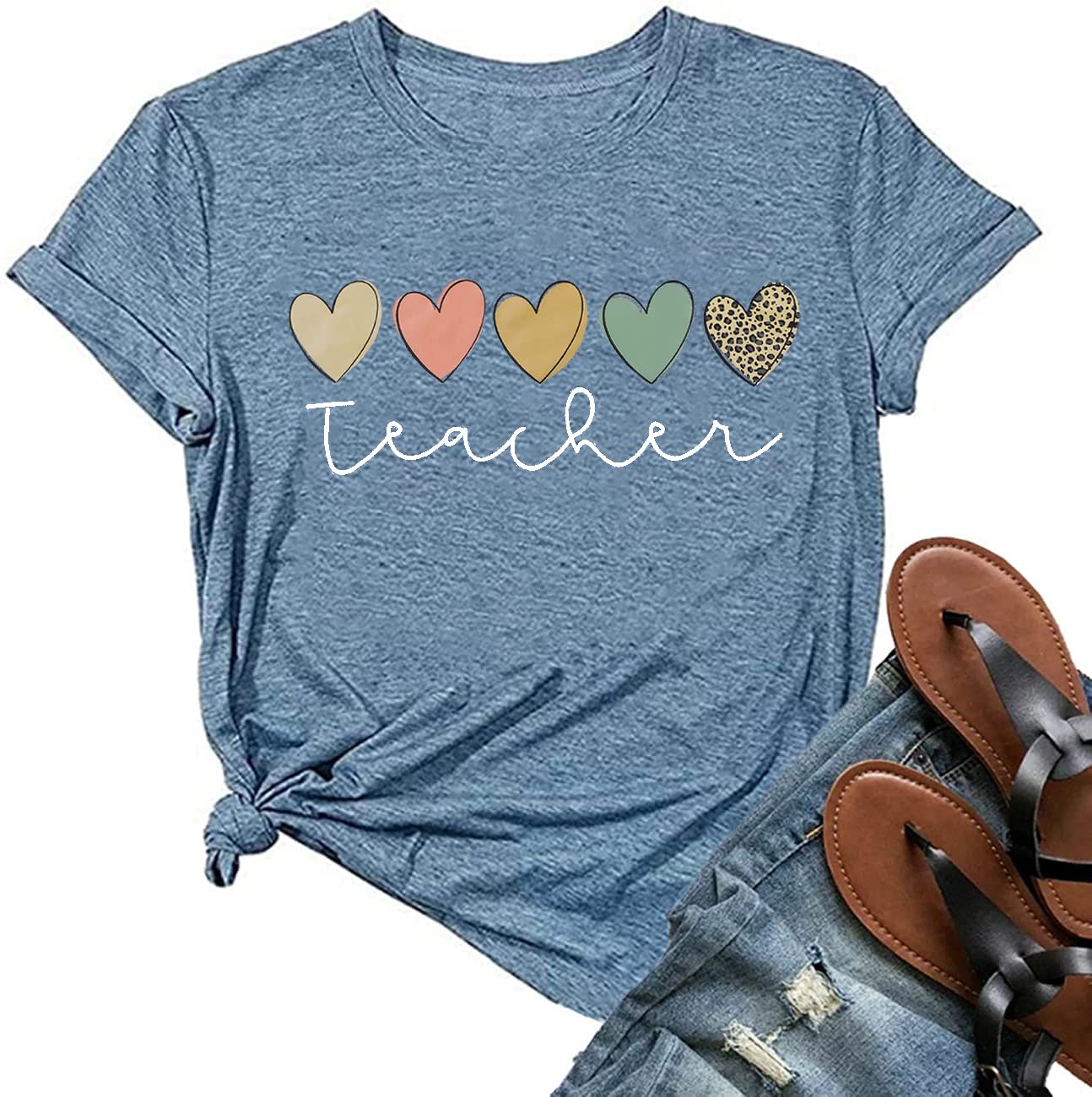 Women's Cute Hearts Graphic Teacher T-Shirt - Boho Style Short Sleeve Casual Summer Top for Educators | Perfect for Classroom, Teacher Appreciation Week & Casual Wear