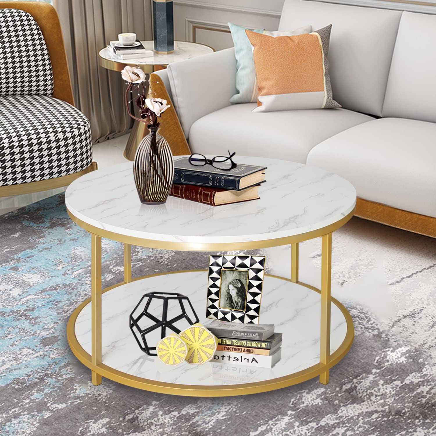 AT-VALY 31.5 Inch Round Coffee Table with Storage Shelf - Solid Wood Top & Sturdy Metal Frame - Modern Sofa Table for Living Room, Bedroom, Office (Gold) - Perfect for Small Spaces, Coffee Time & Home Decor