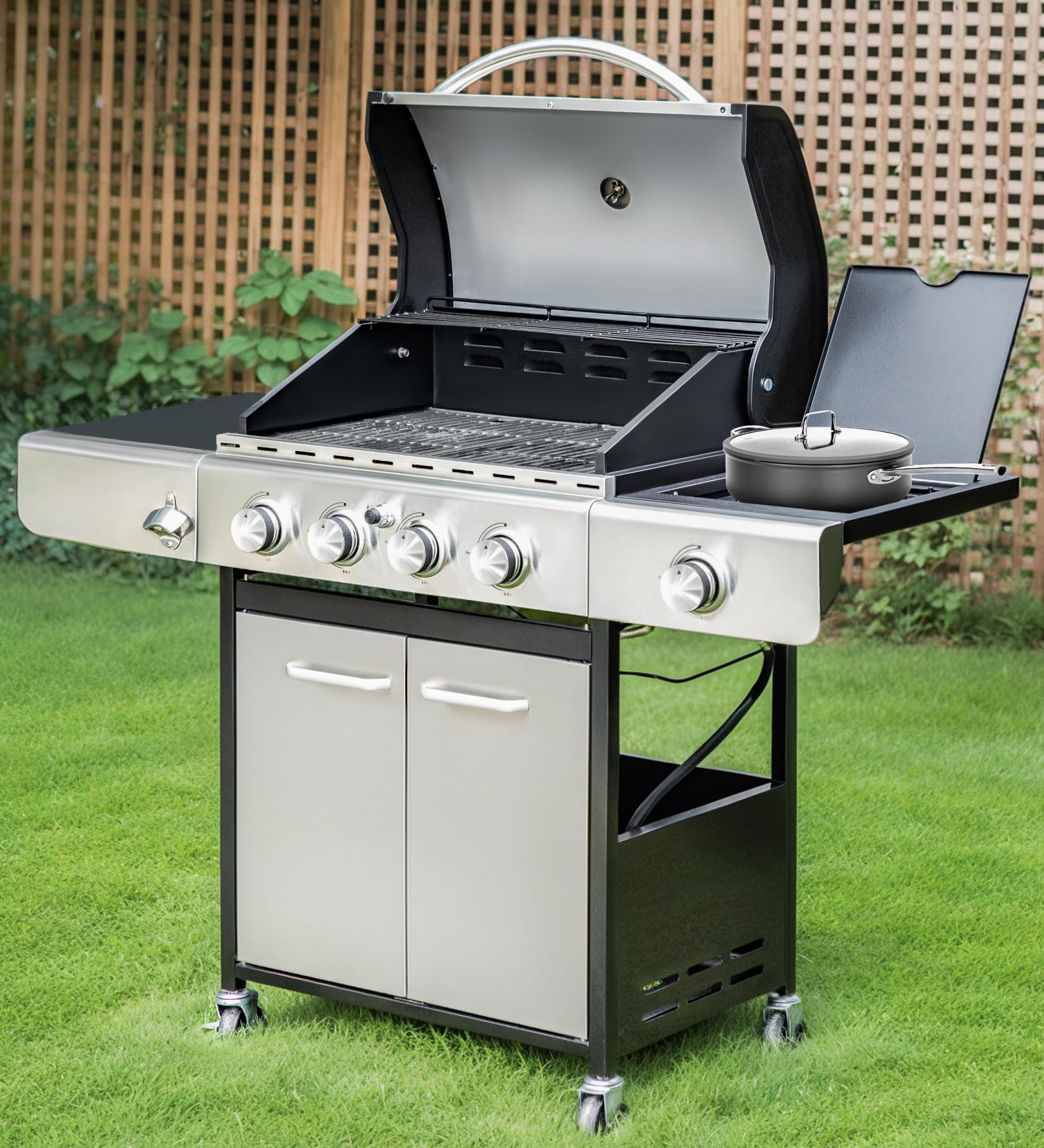 MFSTUDIO 4-Burner Propane Gas Grill - Stainless Steel BBQ Grill with Side Burner & Porcelain-Enameled Cast Iron Grates - High Heat Output for Outdoor Cooking, Backyard Parties, Camping & Tailgating