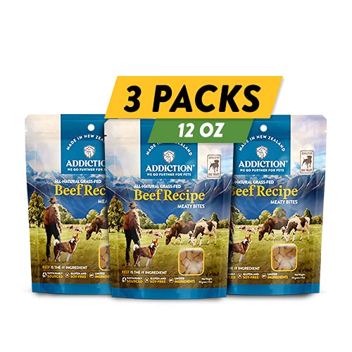Addiction Meaty Bites Hypoallergenic Dog Treats - High Protein Grain-Free Soft Dog Snacks - Made in New Zealand - Beef Flavor (4oz x 3 Packs) - Perfect for Training, Rewards & Sensitive Stomachs