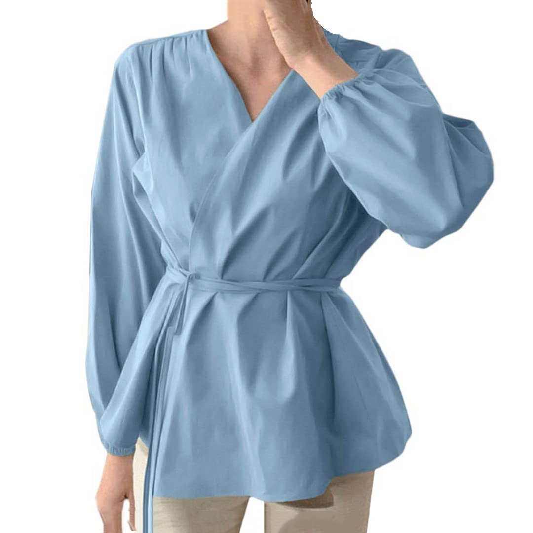 Women's Long Sleeve V-Neck Ruffle Blouse - Off Shoulder Tie Waist Wrap Top in Blue (XXL) | Elegant Casual Wear for Office, Date Night & Special Occasions