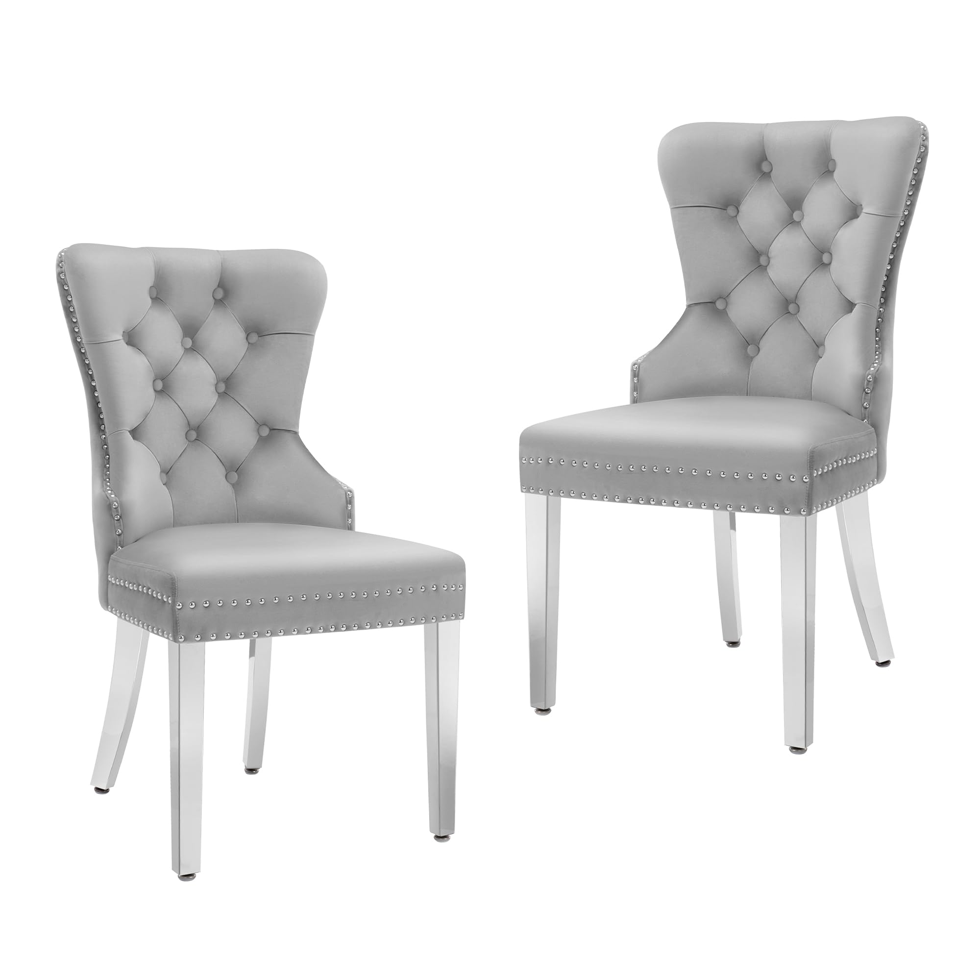 Luxury Velvet Dining Chairs Set of 2 - Tufted Upholstered Modern Dining Room Chairs with Stainless Steel Legs & Ring Pull, Grey - Perfect for Home Dining, Kitchen, Restaurant & Office Decor