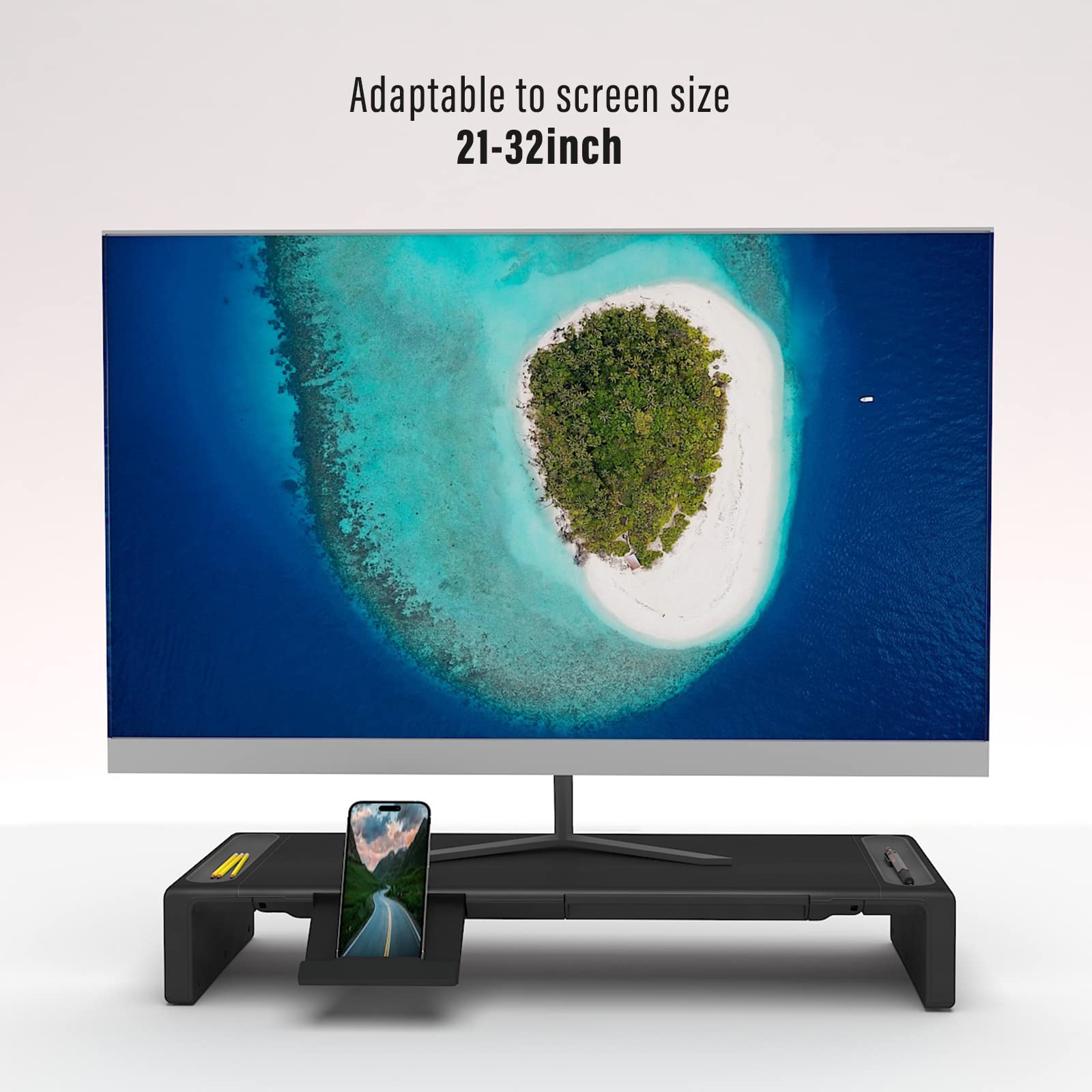 OImaster Adjustable Foldable Monitor Stand Riser with Storage Drawer & Pen Slot - Space Saving Computer Monitor Stand for Desktop, Laptop, Phone - Perfect for Home Office, Gaming Setup & Workspace Organization (Black)