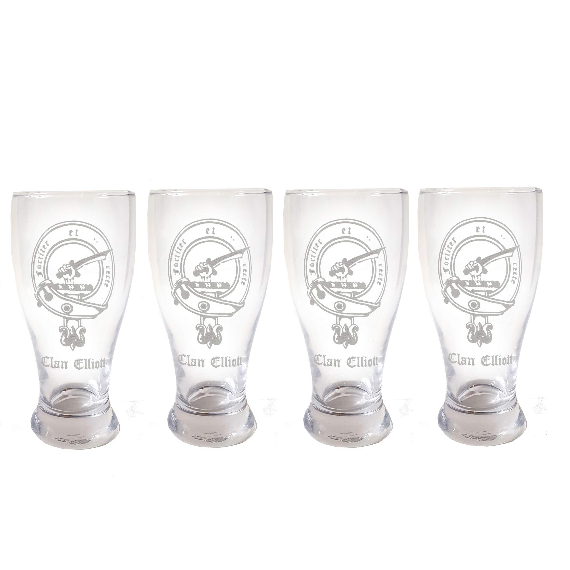 Clan Elliott Scottish Crest Pint Glass Set of 4 - Personalized Engraved Whiskey Beer Mugs - Perfect for Scottish Heritage Gifts, Pub Nights & Whiskey Tasting Parties