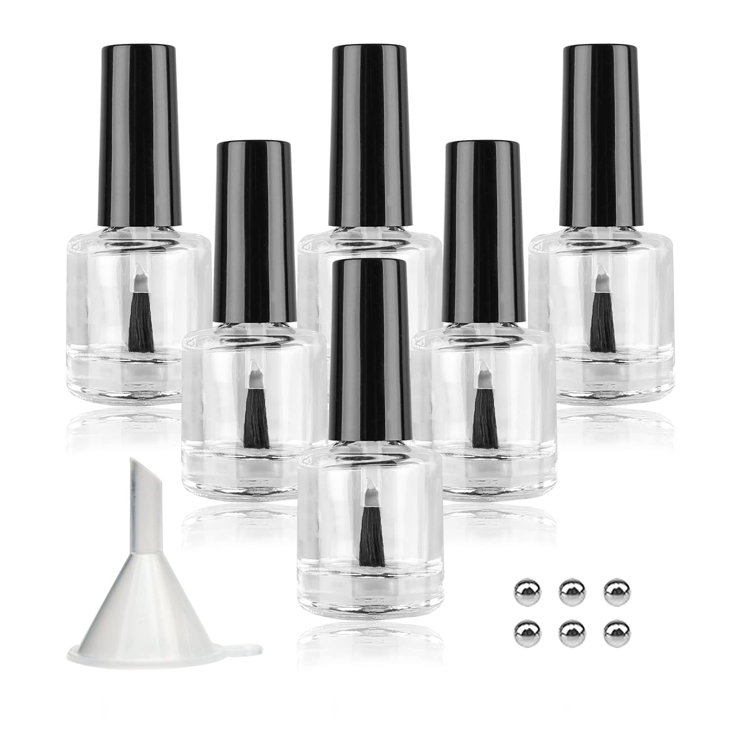 6 Pack 10ml Empty Nail Polish Bottles with Brush Cap - Refillable Glass Bottles with Mixing Balls & Funnels for DIY Nail Art, Manicure, Salon & Home Use
