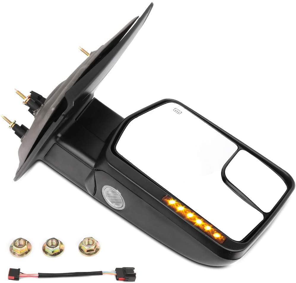 CCiyu Power-Adjusted Heated Towing Mirror with Turn Signal & Puddle Light - Right Side (RH) Chrome Replacement for Ford F150 (2004-2014) & F250 (1997-1999) - Perfect for Towing, Night Driving & Off-Road Adventures