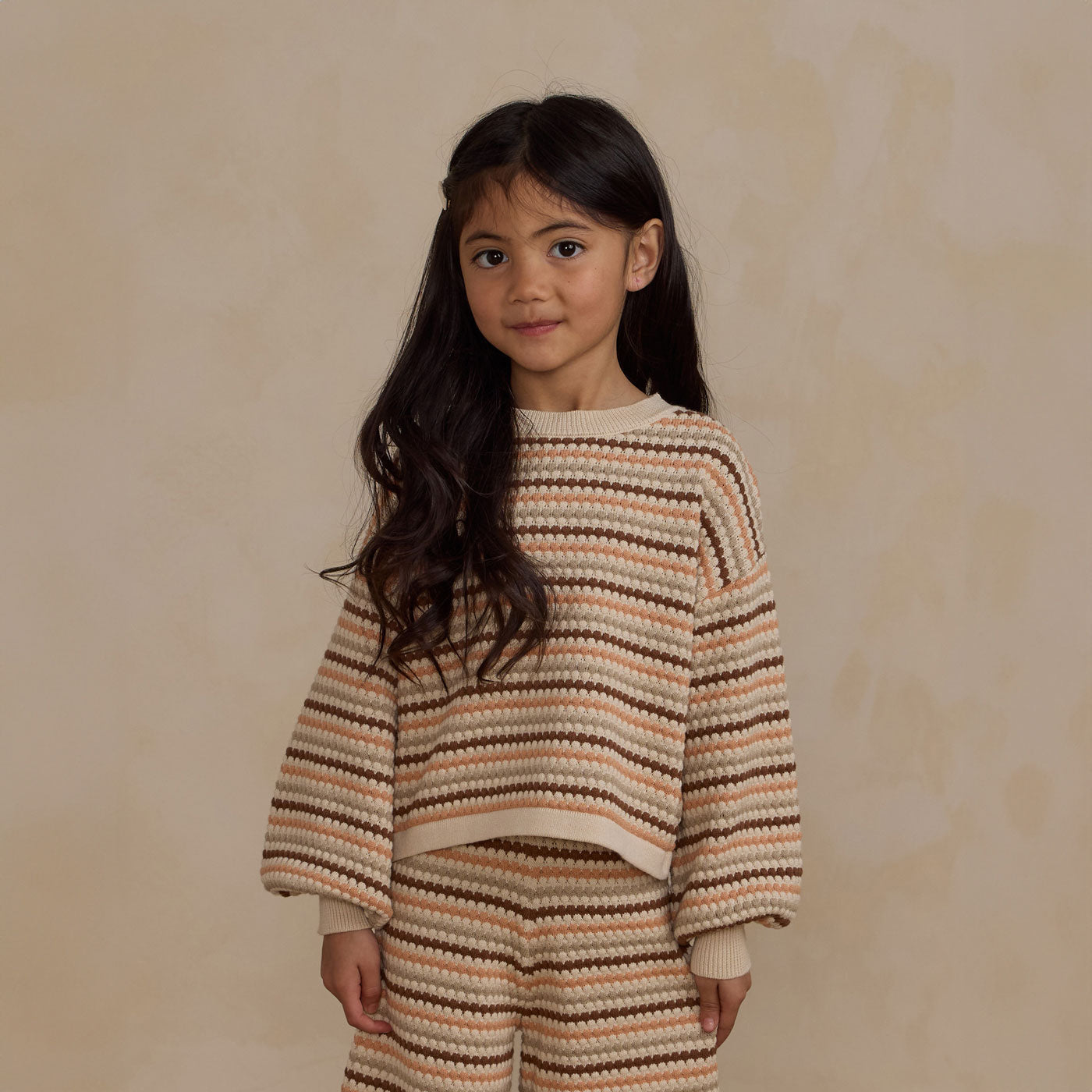 Stylish Boxy Crop Sweater with Honeycomb Stripe - Natural, Shell, Dusty Blue & Saddle Colors | Final Sale | Perfect for Casual Outings, Coffee Dates & Fall Layering