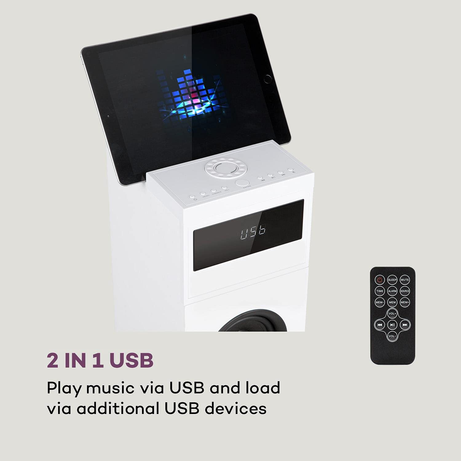 AUNA Karaboom 100 2.1 Channel Bluetooth Tower Speaker System - 120W Max Power, 2-in-1 USB Port, MP3 Playback, AUX Input with Tablet Stand - Perfect for Home Theater, Gaming & Party Sound System (White)